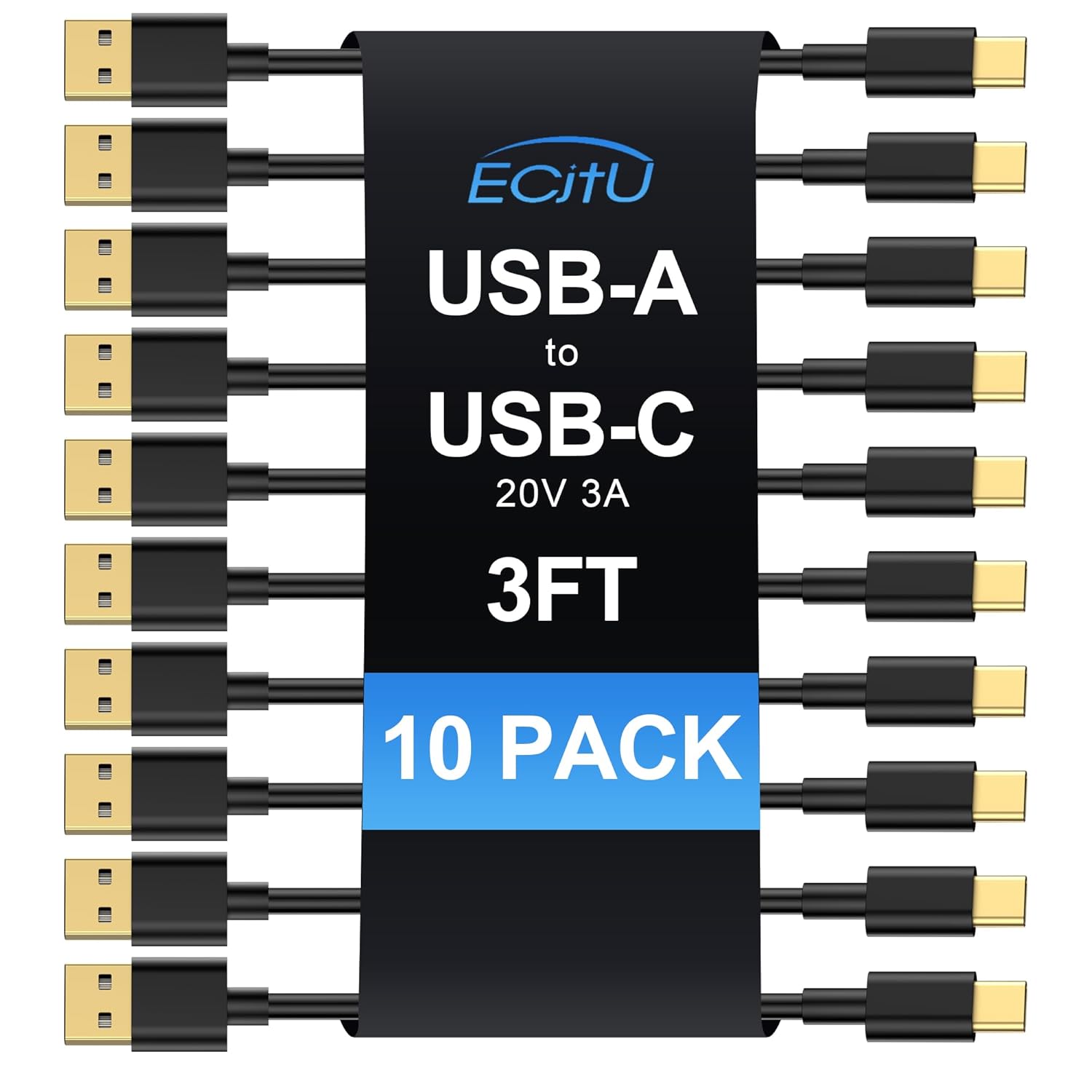 Cable USB A a USB C de 3 pies (paquete de 10), cable de carga rápida tipo C, cargador de 20V3A 60W (MAX) compatible con Samsung S21 S20 S10 S9 S8,