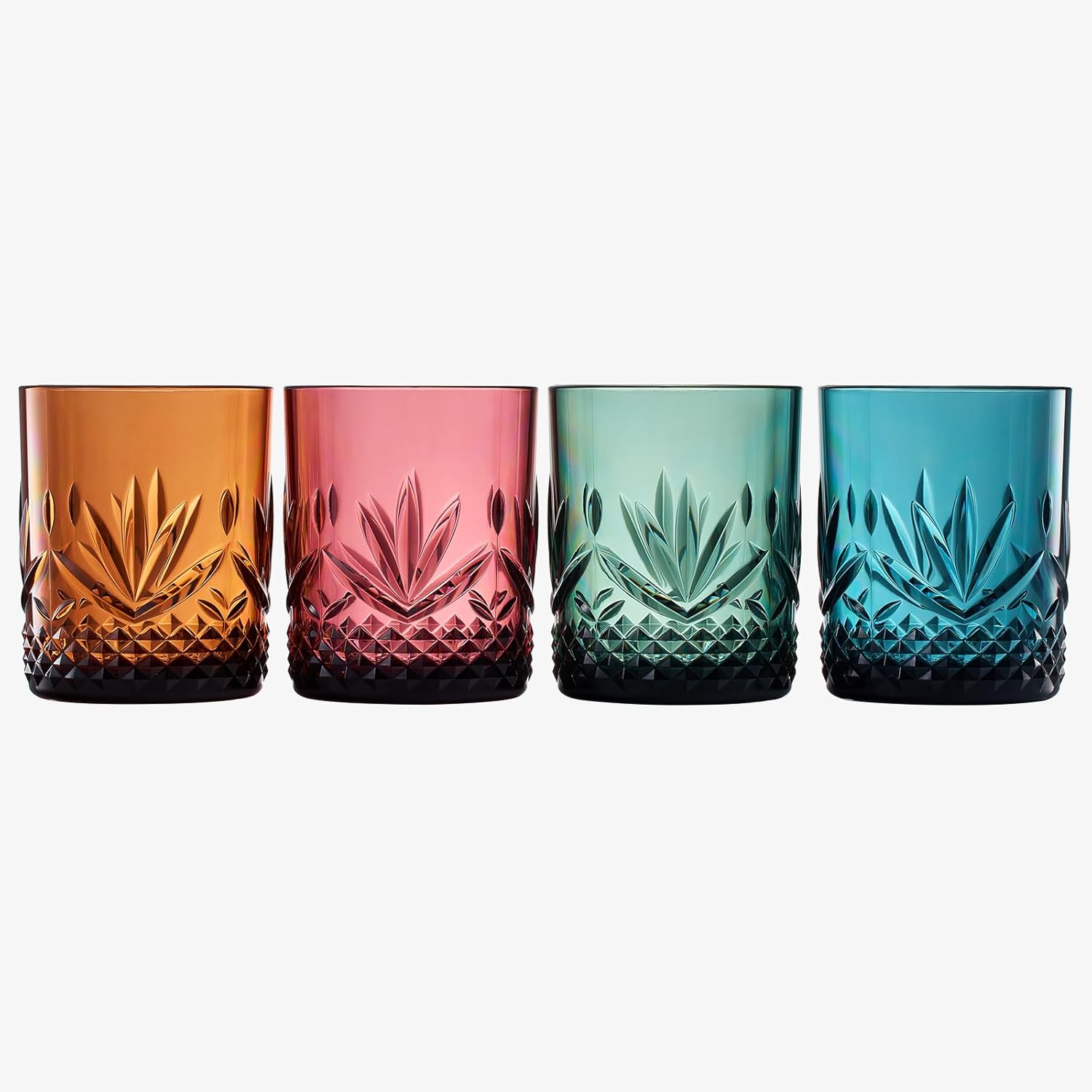 Vasos irrompibles de plástico Tritan para cóctel, whisky, agua y vino  Juego de 4 vasos  Rocas reutilizables a la antigua, colores pastel acrílicos