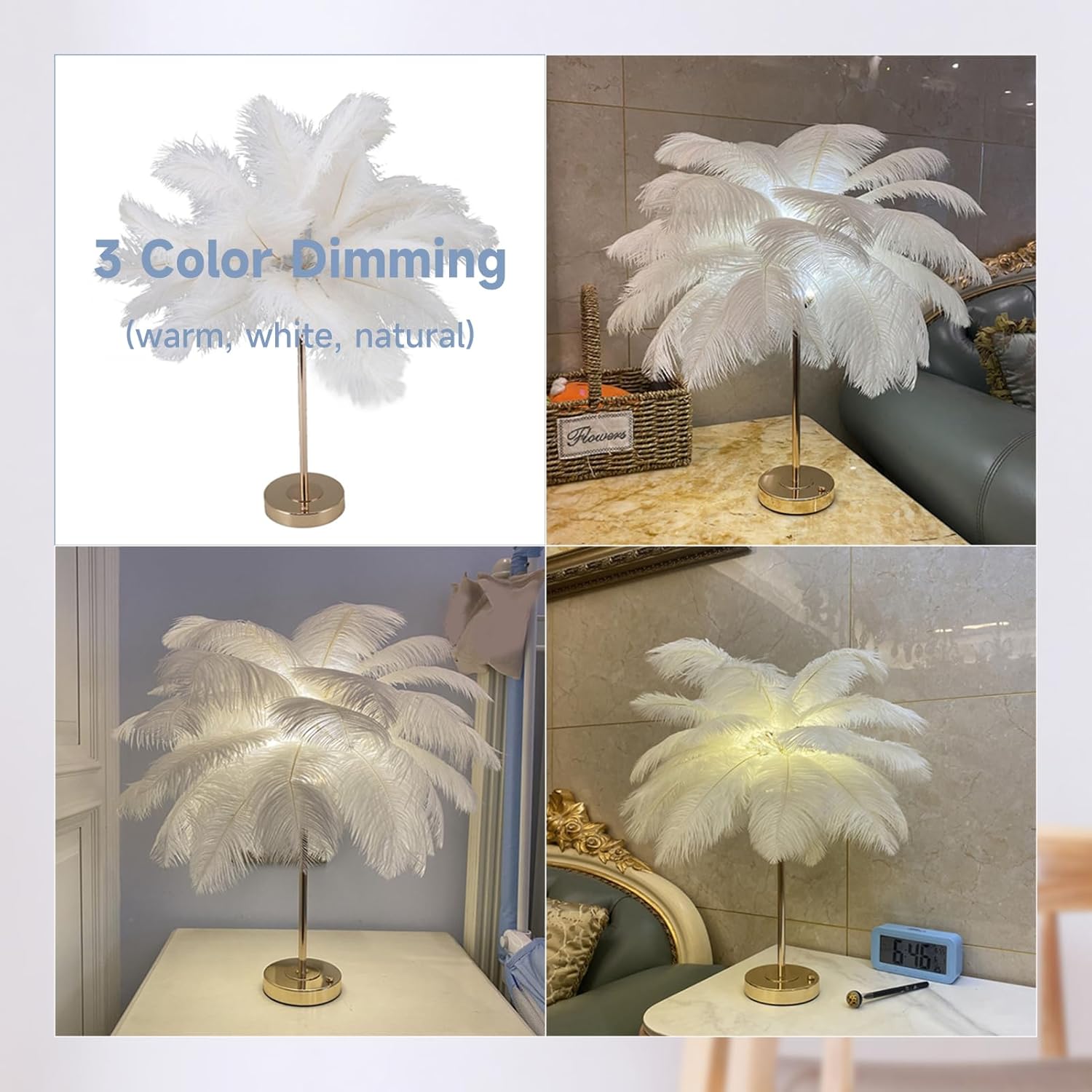 Gugxiom Lámpara de plumas de avestruz, lámpara de mesa de plumas USB, lámpara de princesa, mesita de noche estética, lámpara de escritorio dorada,