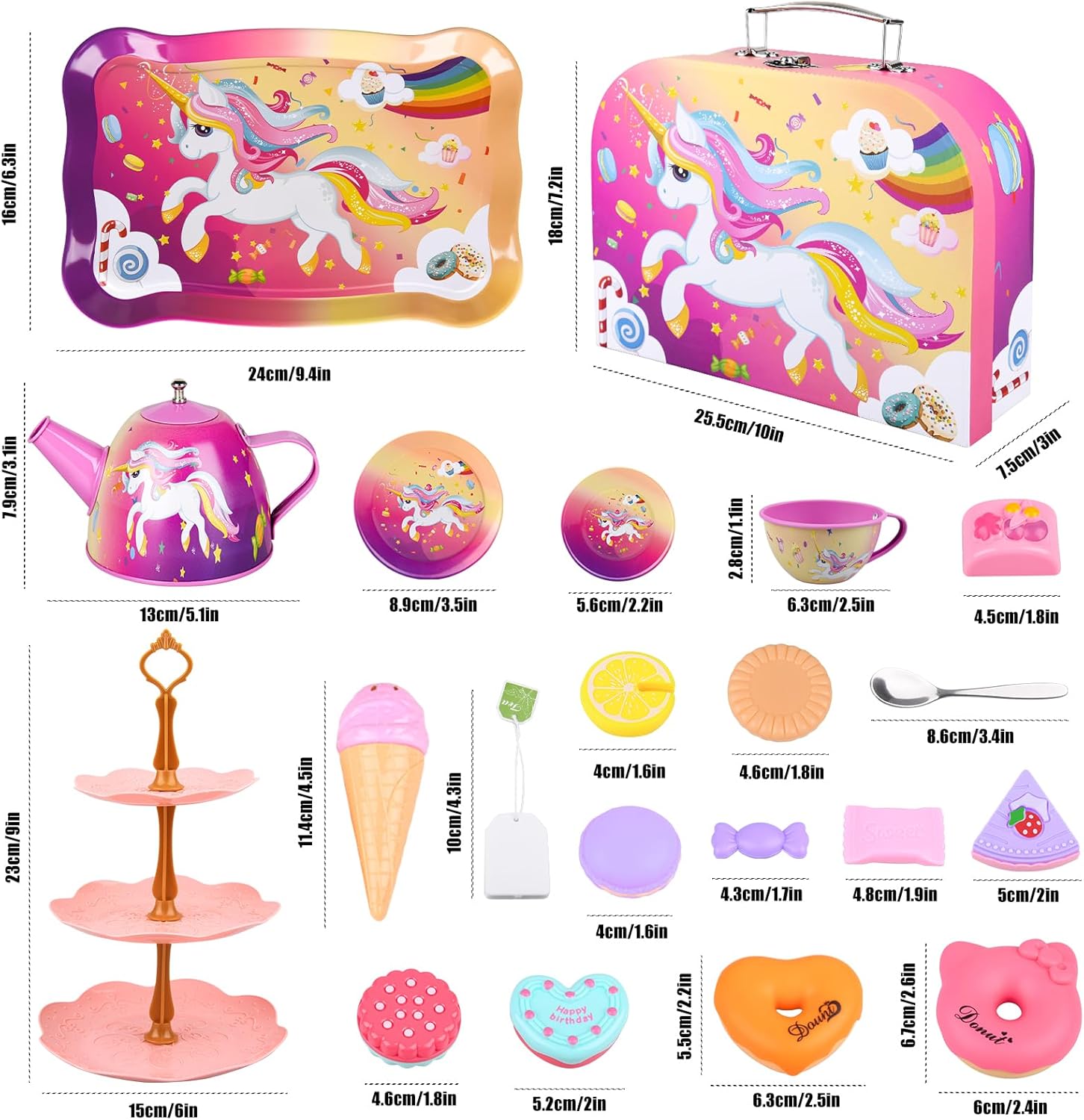 Juego de 41 piezas de fiesta de té de unicornio para niñas pequeñas, juego de tetera de hojalata, juguete de cocina con postre, dona, estuche de