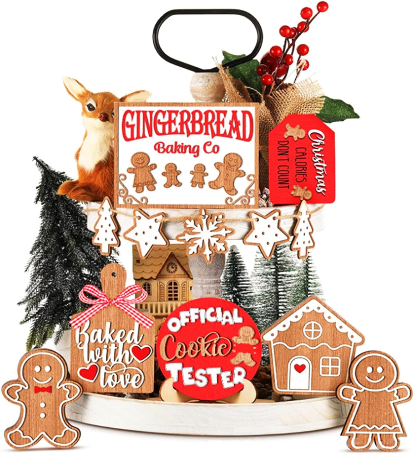 12 piezas de bandeja de Navidad escalonada, letreros de madera de mesa de pan de jengibre, decoración navideña para fiesta de Navidad, hogar, cocina