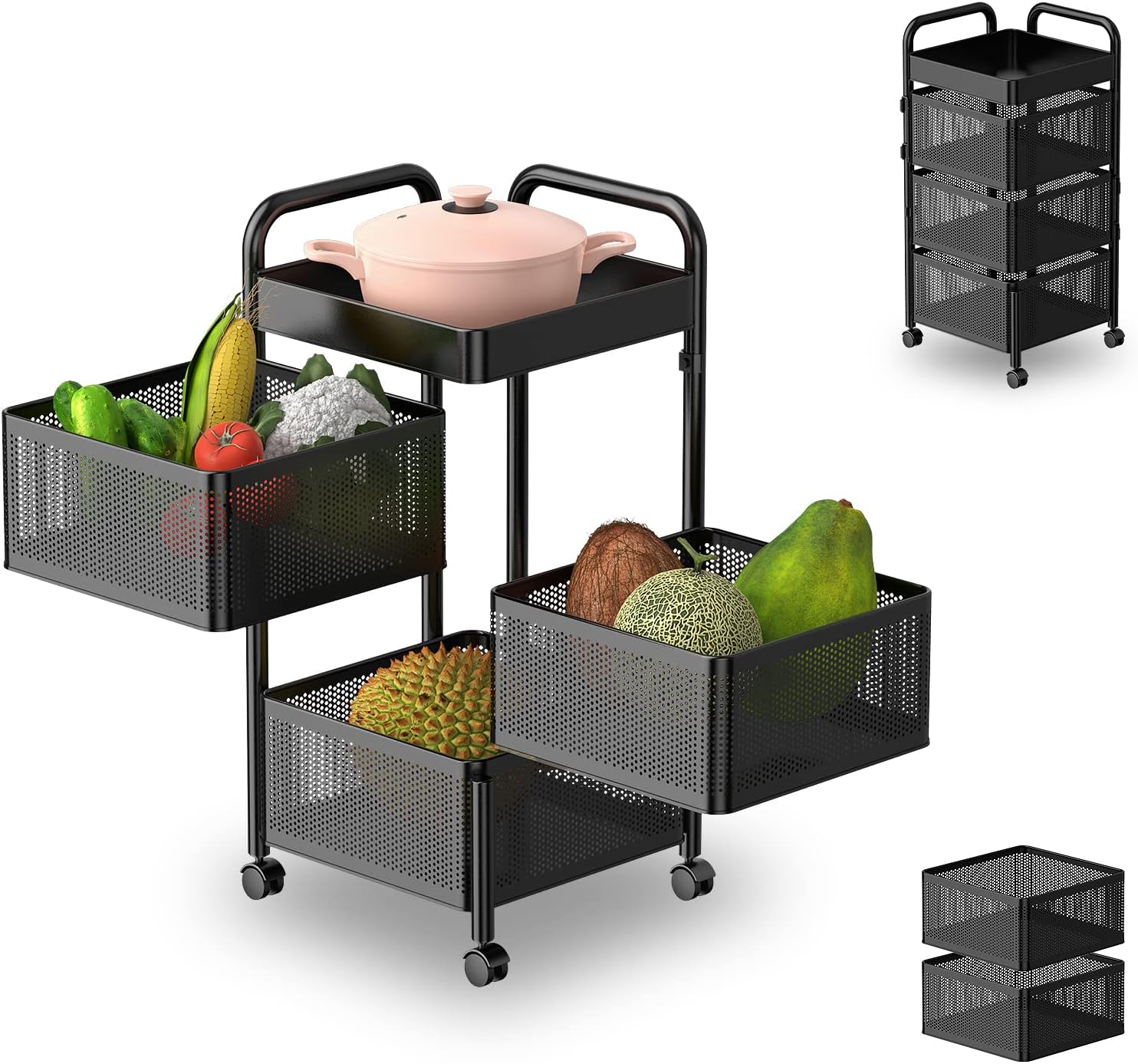 Estante giratorio de almacenamiento de cocina, sin montaje, estante de baño, organizadores y carrito de almacenamiento para frutas, verduras,