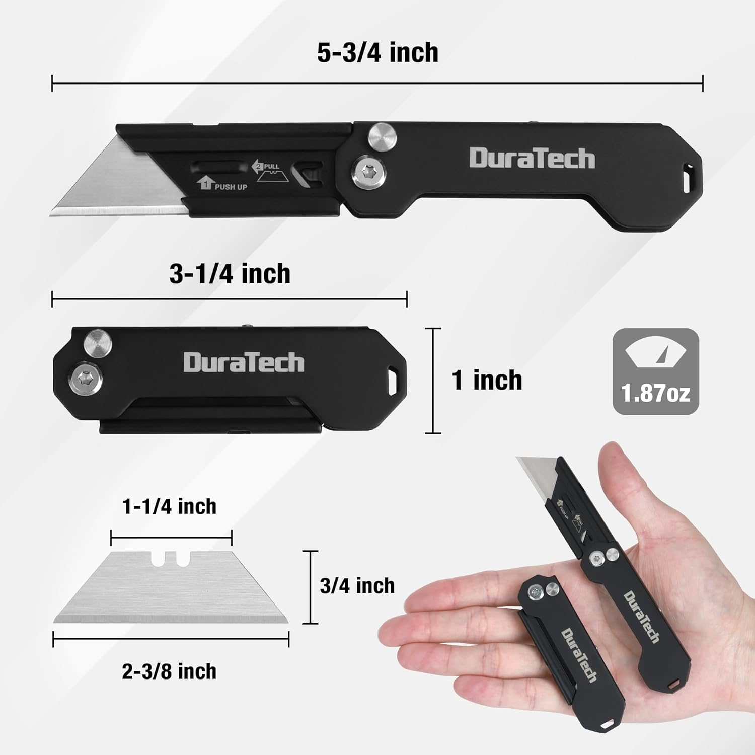 DURATECH Paquete de 2 cuchillos utilitarios plegables, mini cortador de caja con bloqueo de eje de seguridad, clip para cinturón, mecanismo de hoja