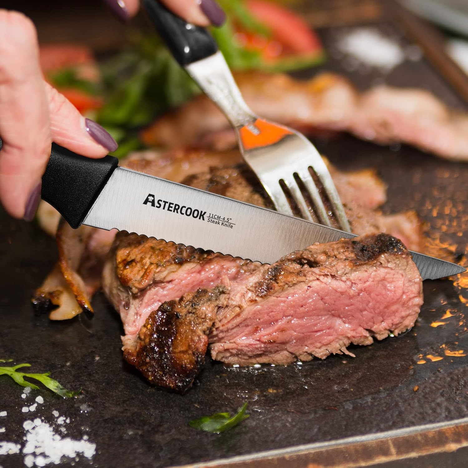 Astercook Cuchillo para carne, juego de 8 cuchillos para carne con funda, apto para lavavajillas, acero inoxidable de alto carbono con tapa, color