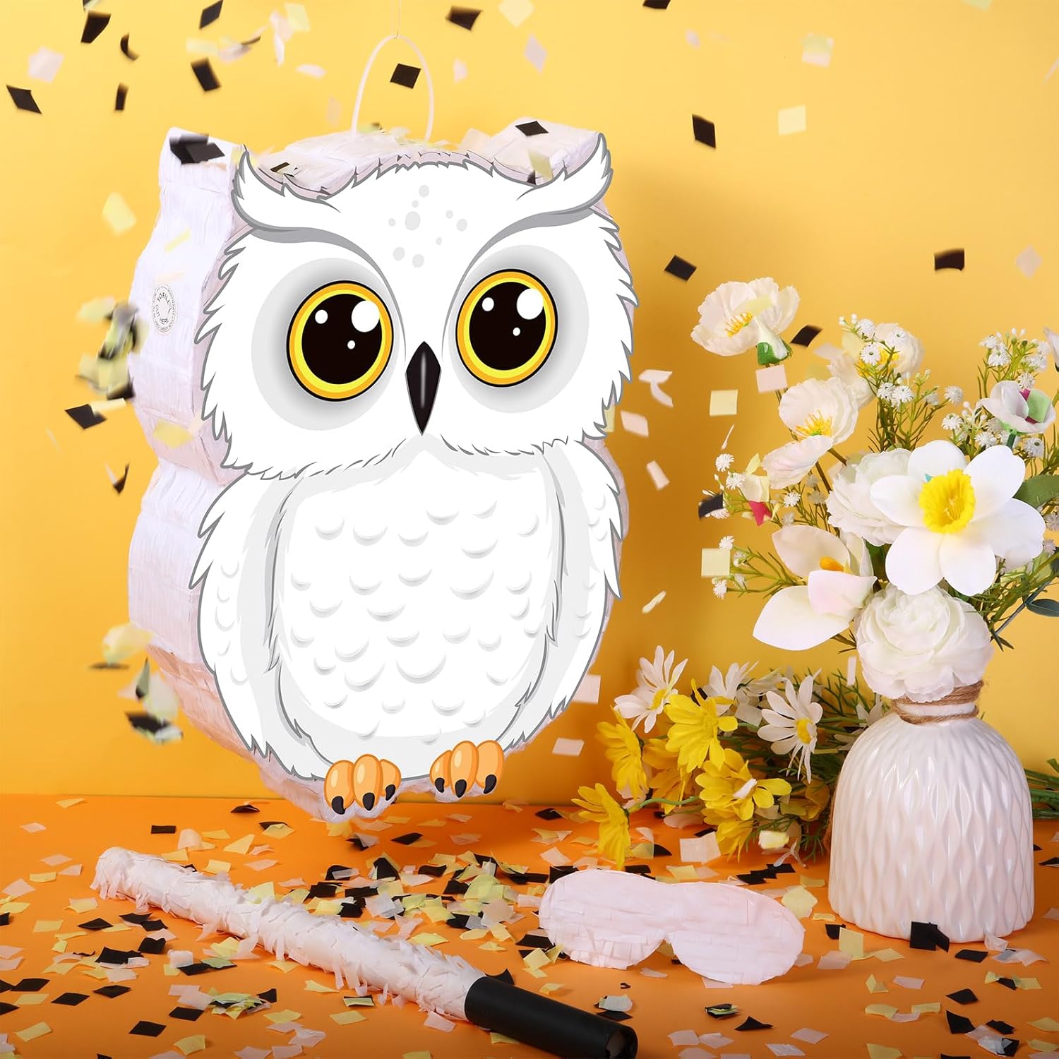 Aoriher Piñata de búho con palito de piñatas para los ojos vendados, confeti 3D blanco nevado de búho juego de piñatas para bosque, bosque, mago,