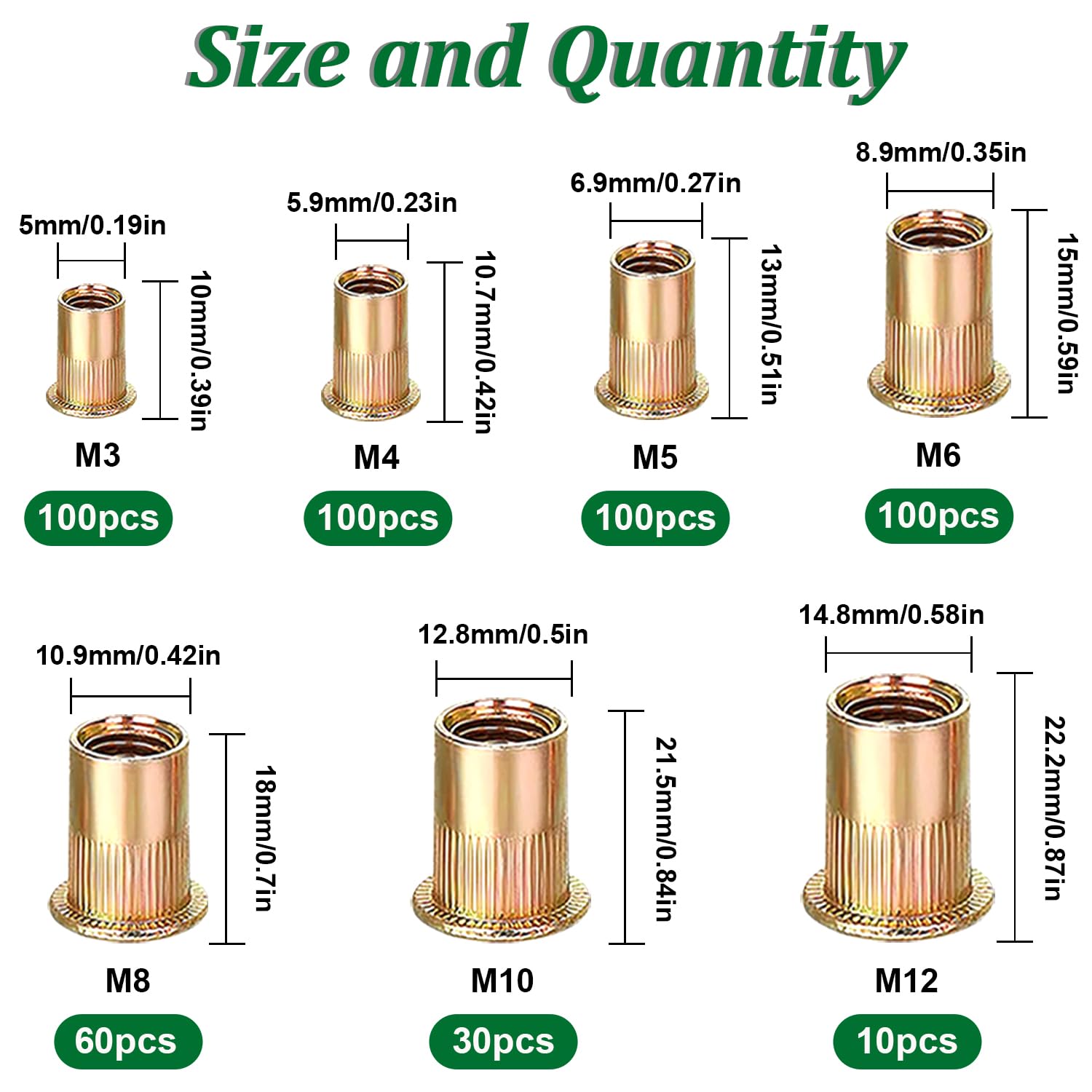 weideer 1000 tuercas remachadoras SAE y métricas 6#-32, 8#-32, 10#-24, 14″-20, 516″-18, 38″-16, 12″-13 M3 M4 M5 M6 M8 M10 M12 Inserto roscado de