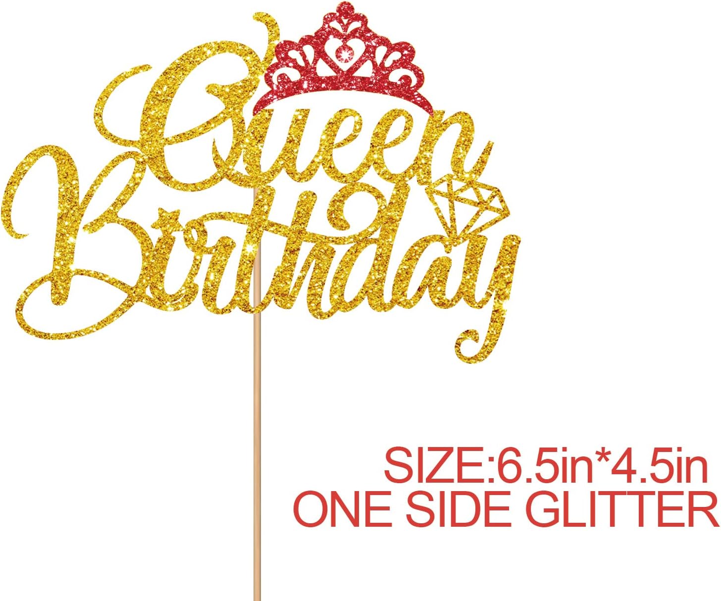 Decoración de pastel de cumpleaños Gold Queen para mujer, decoración de fiesta de cumpleaños, decoración de corona con purpurina roja, decoración de
