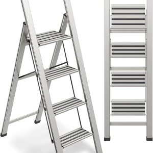 Escalera plegable de 4 escalones, decorativa, de aluminio moderno y hermoso, perfil ultra delgado, escalones antideslizantes, resistente y portátil Escalera plegable de 4 escalones, decorativa, de aluminio moderno y hermoso, perfil ultra delgado, escalones antideslizantes, resistente y portátil