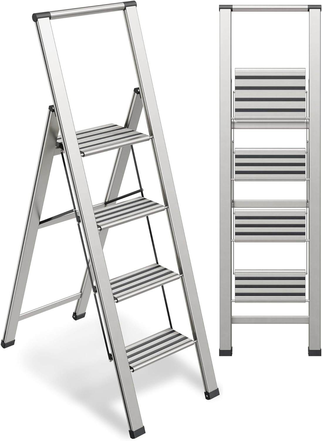 Escalera plegable de 4 escalones, decorativa, de aluminio moderno y hermoso, perfil ultra delgado, escalones antideslizantes, resistente y portátil