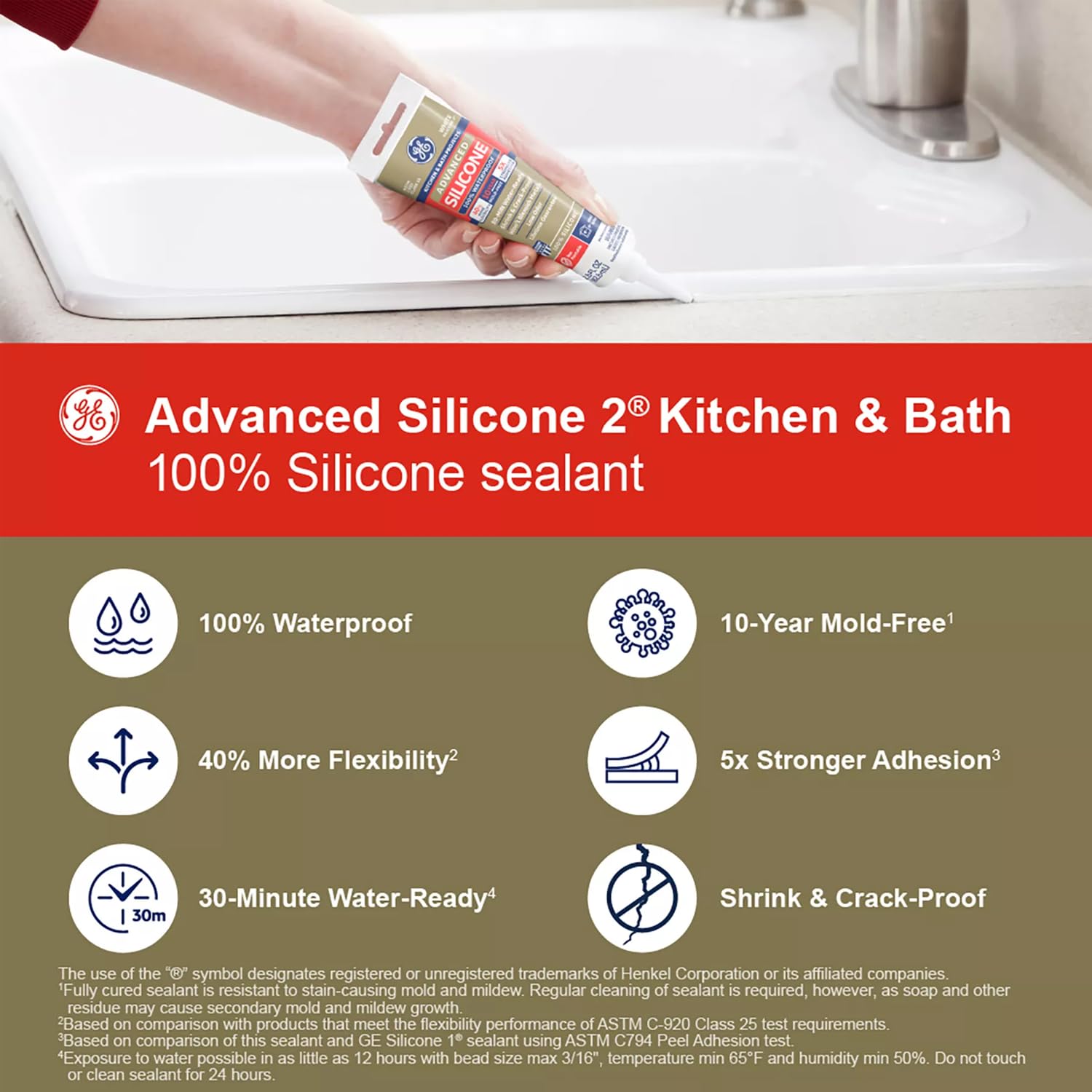 GE Calafateo de silicona avanzado para cocina y baño, sellador de silicona 100% impermeable, adherencia 5 veces más fuerte, a prueba de encogimiento