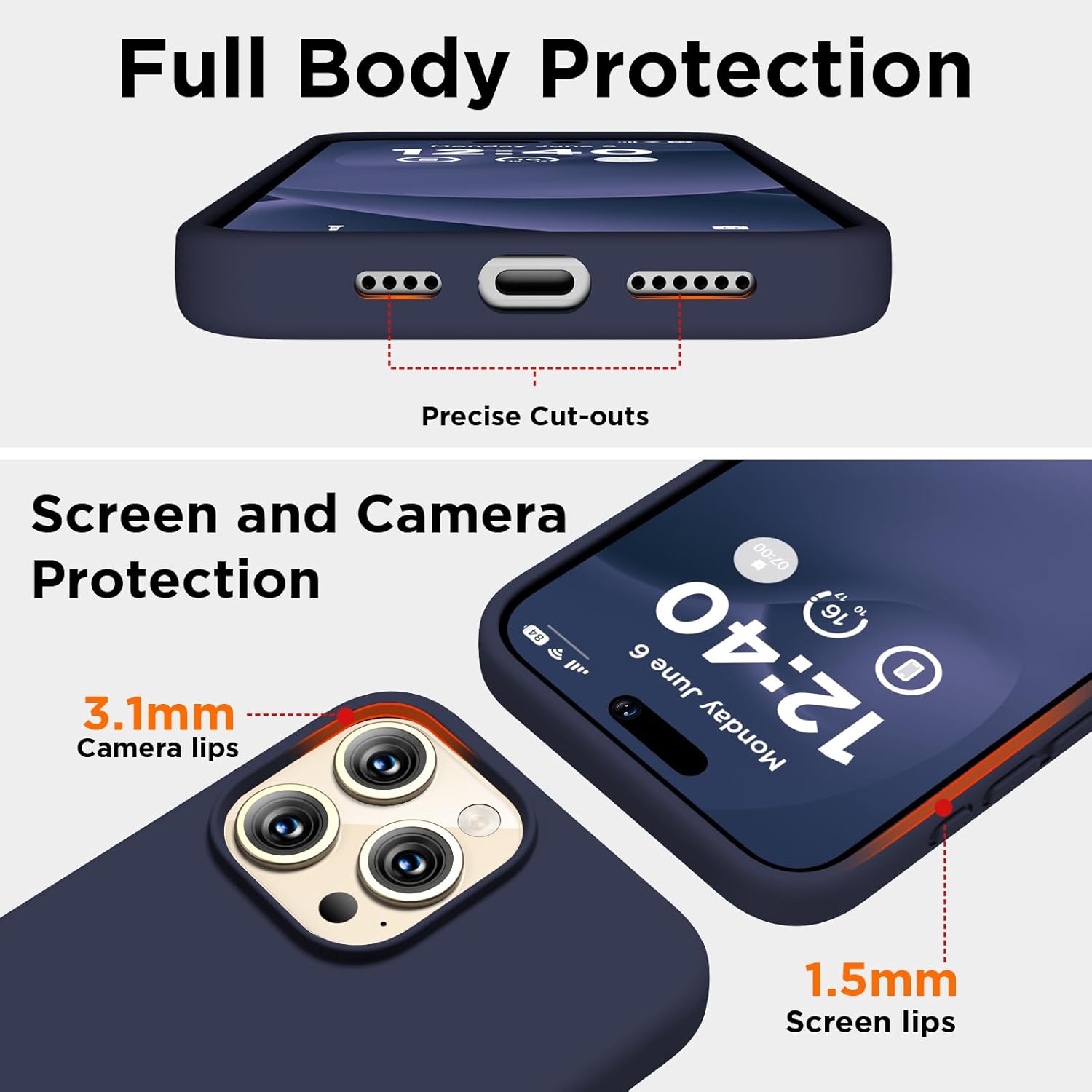 Compatible con iPhone 15 Pro Max, funda de silicona líquida, cuerpo completo, funda protectora a prueba de golpes, delgada funda para teléfono con