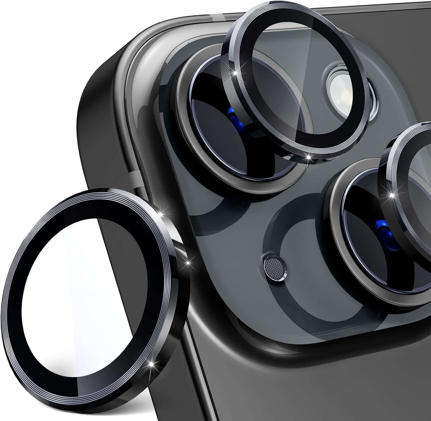 Paquete de 2 protectores de lente de cámara para iPhone 15iPhone 15 Plus, fuerte absorción Vidrio templado 9H y cubierta de lente de anillo