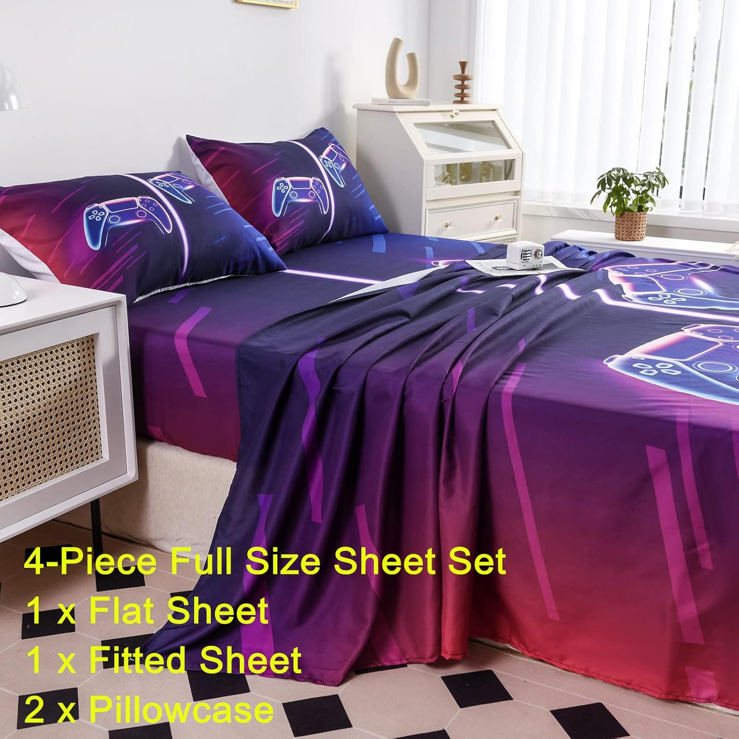 Juego de sábanas modernas de videojuegos, sábanas geniales para videojuegos, tamaño matrimonial, ropa de cama de 4 piezas, 1 sábana bajera, 1 sábana