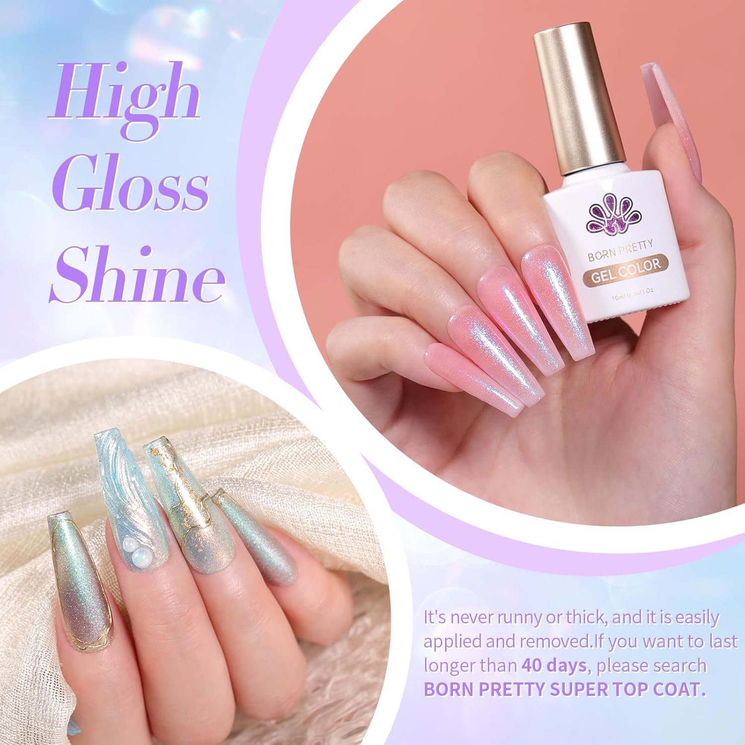 Born Pretty Juego de esmaltes de uñas de gel de perlas con brillo de sirena brillante, esmalte de gel transparente de gelatina nacarada, barniz de