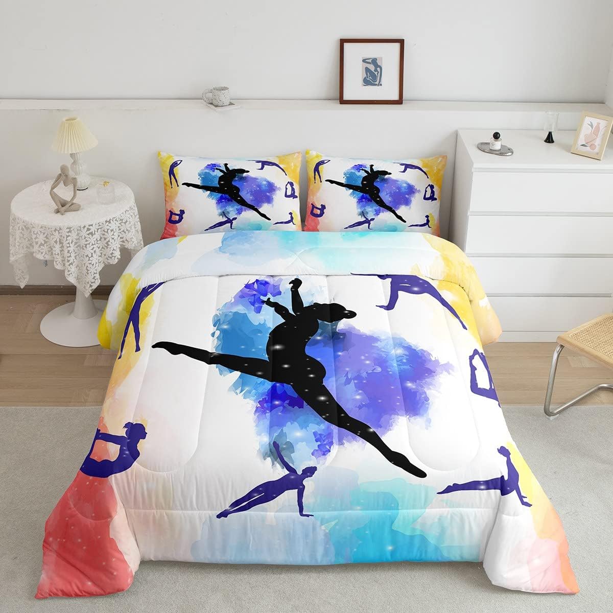 Juego de ropa de cama de gimnasia para niñas, juego de edredón de bailarines de gimnasta, tamaño individual, edredón de plumón de regalo de gimnasia