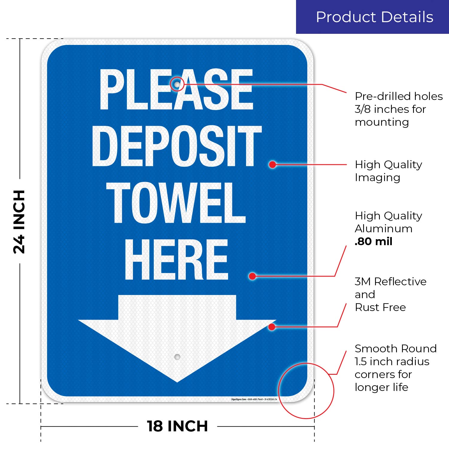 Please Deposit Towel Here With Downward Arrow Sign, 18×24 Inches, 3M EGP Reflective .080 Aluminum, Fade Resistant, Made in USA by Sigo Signs