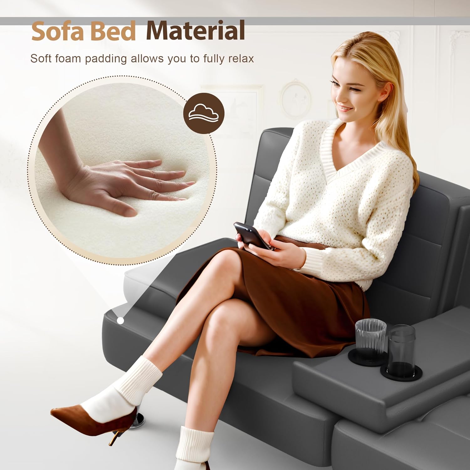 Sofá cama tipo futón plegable convertible para sala de estar, sofá biplaza tapizado de piel sintética con reposabrazos extraíbles, patas de metal, 2