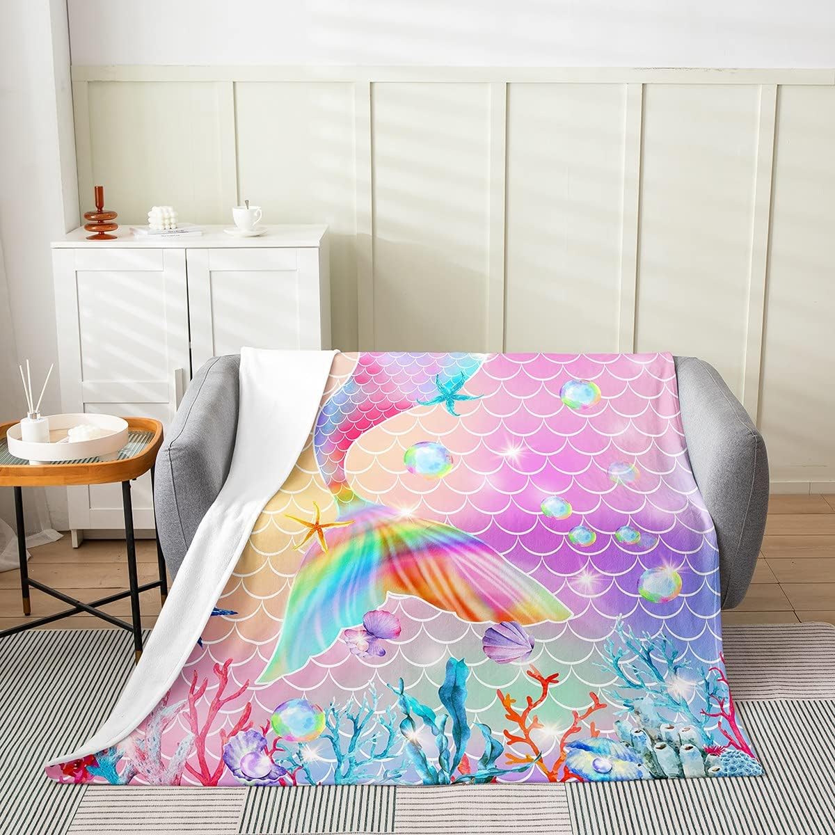 Erosebridal Manta de cola de sirena para niños, manta de vellón de sirena de 40 x 50 pulgadas para niñas, manta de franela de escamas de peces