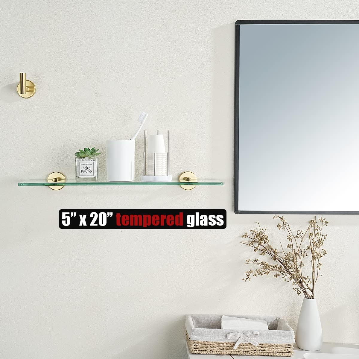 JQK Estante de vidrio para baño dorado, almacenamiento de ducha de vidrio templado de 20 por 5 pulgadas, montaje de pared dorado cepillado de acero