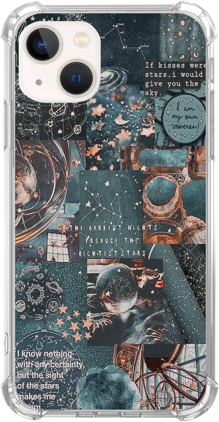 Funda estética de collage verde compatible con iPhone 13, diseño estético de collage de galaxia, funda para adolescentes, mujeres, niños, funda