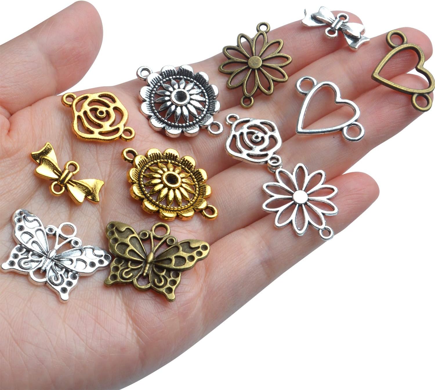 60 piezas de suministros de manualidades con forma de corazón y flores, dijes de eslabones con 2 agujeros para pulseras y joyería, 6 estilos, Plata,