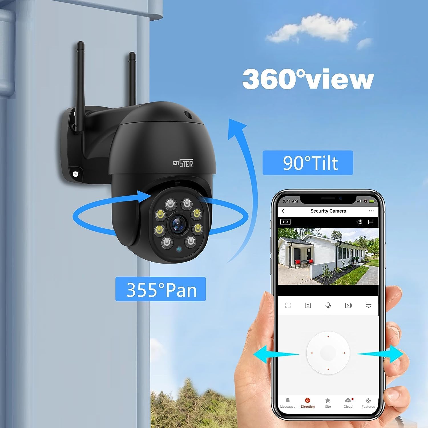 ENSTER Cámara de seguridad de 2.5K 4MP para exterioreshogares, cámara WiFi 0.18 oz, bandas dobles de 2.4G5GHz, cámara IP PTZ de 360 para exteriores