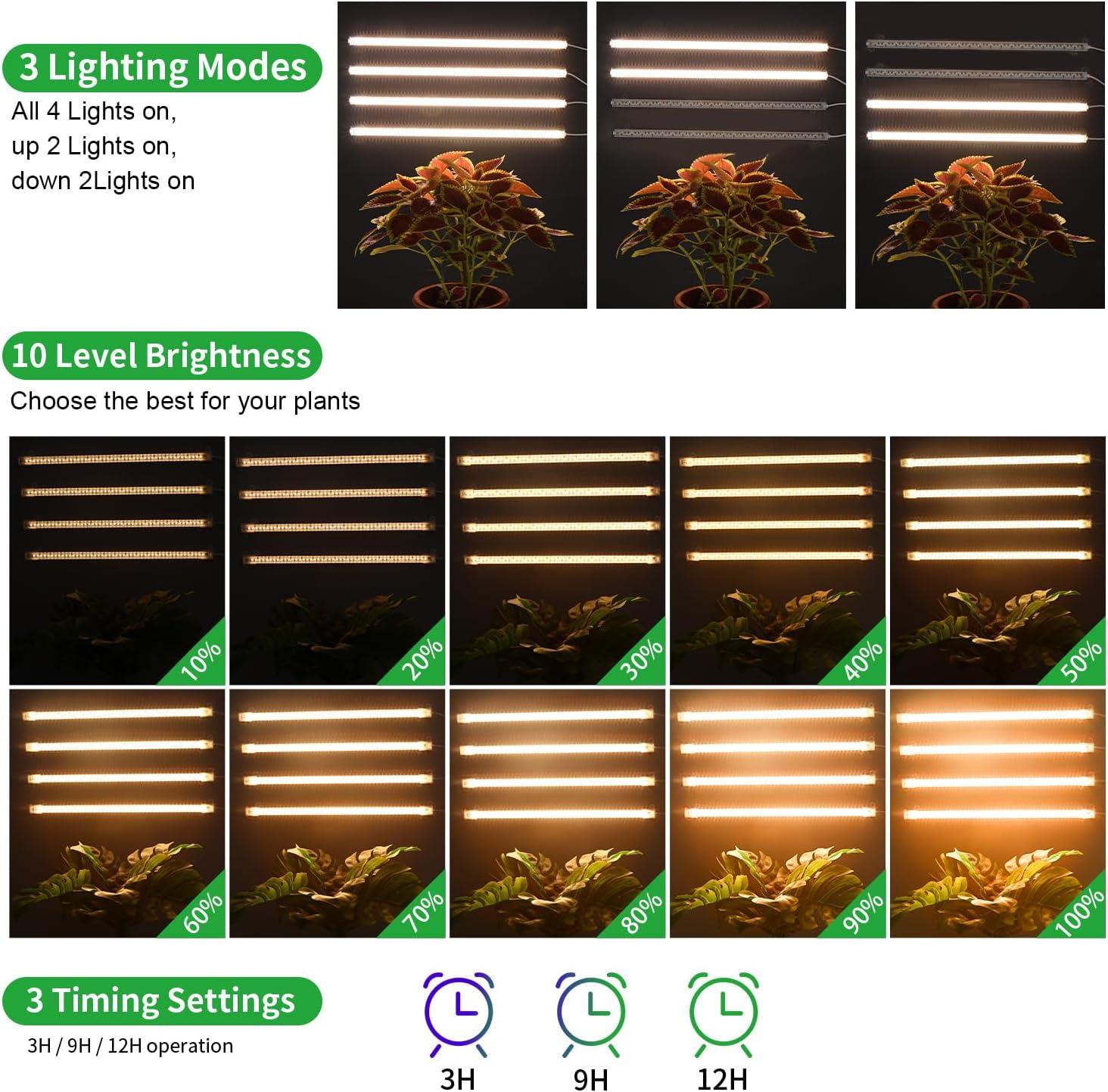 Tira de luces LED de cultivo para plantas de interior, luz de espectro completo con temporizador de 3912H y 10 regulables, barra de lámpara de
