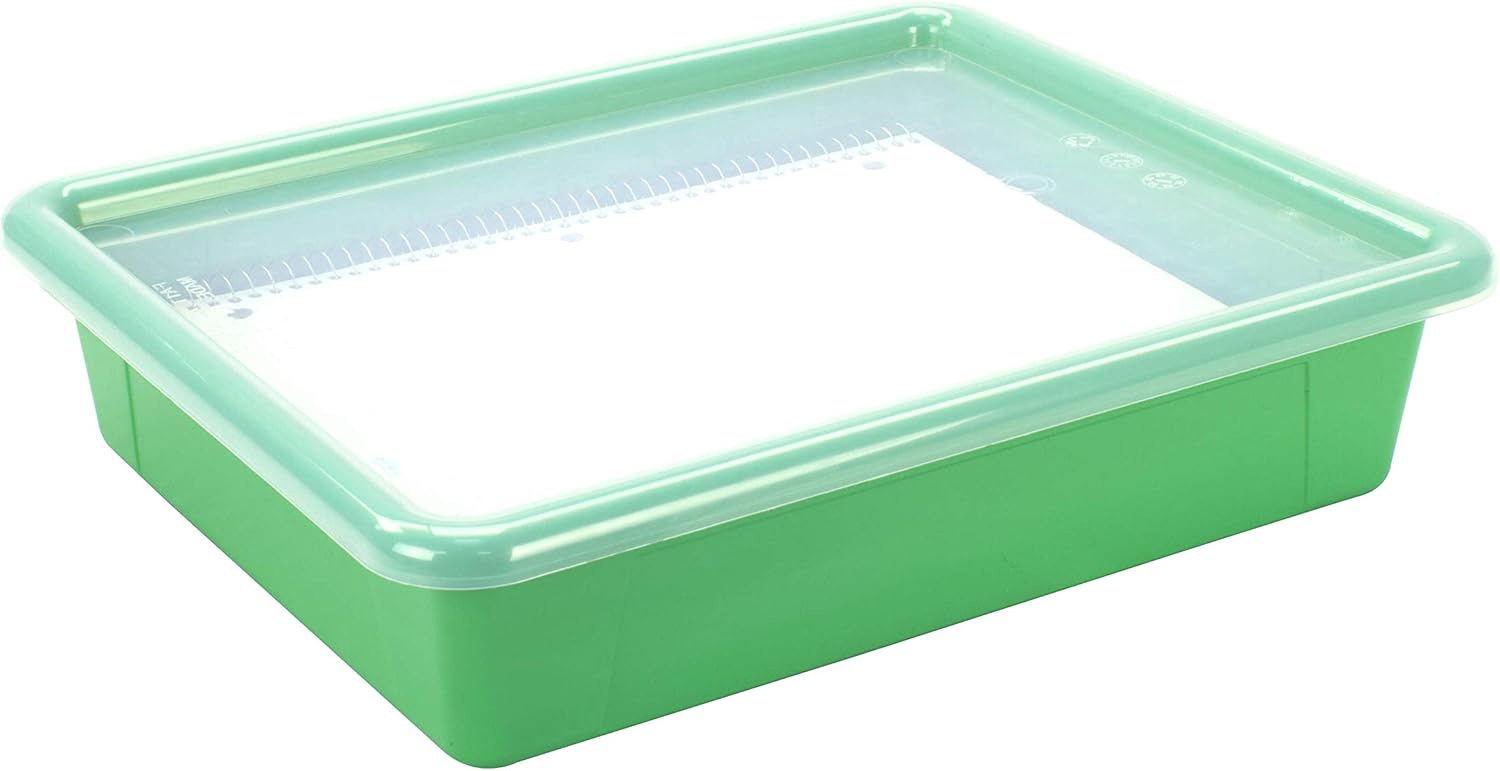 Storex Bandeja de almacenamiento plana tamaño carta, contenedor organizador con tapa sin broches para aula, oficina y hogar, verde, paquete de 5