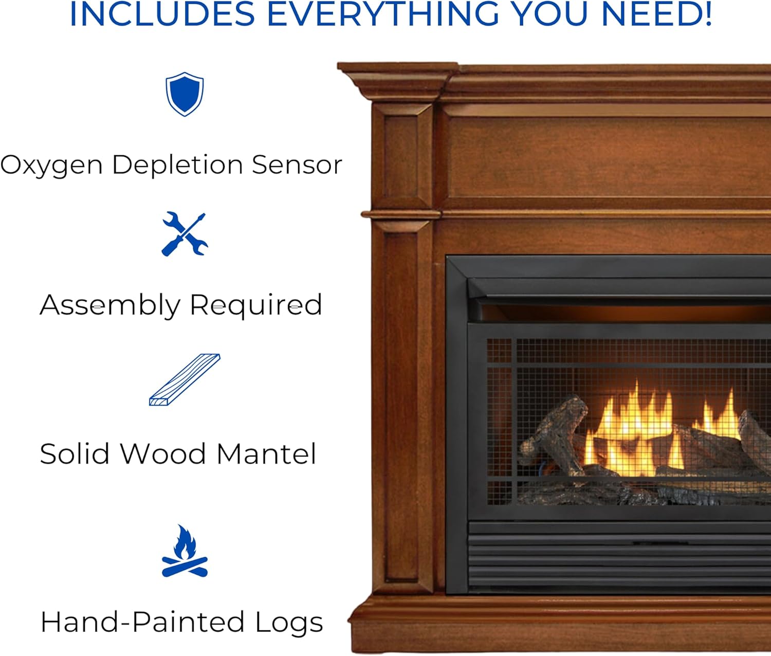 Duluth Forge Sistema de chimenea de gas sin ventilación de combustible dual con chimenea, control remoto, 5 troncos de fuego, uso con gas natural o