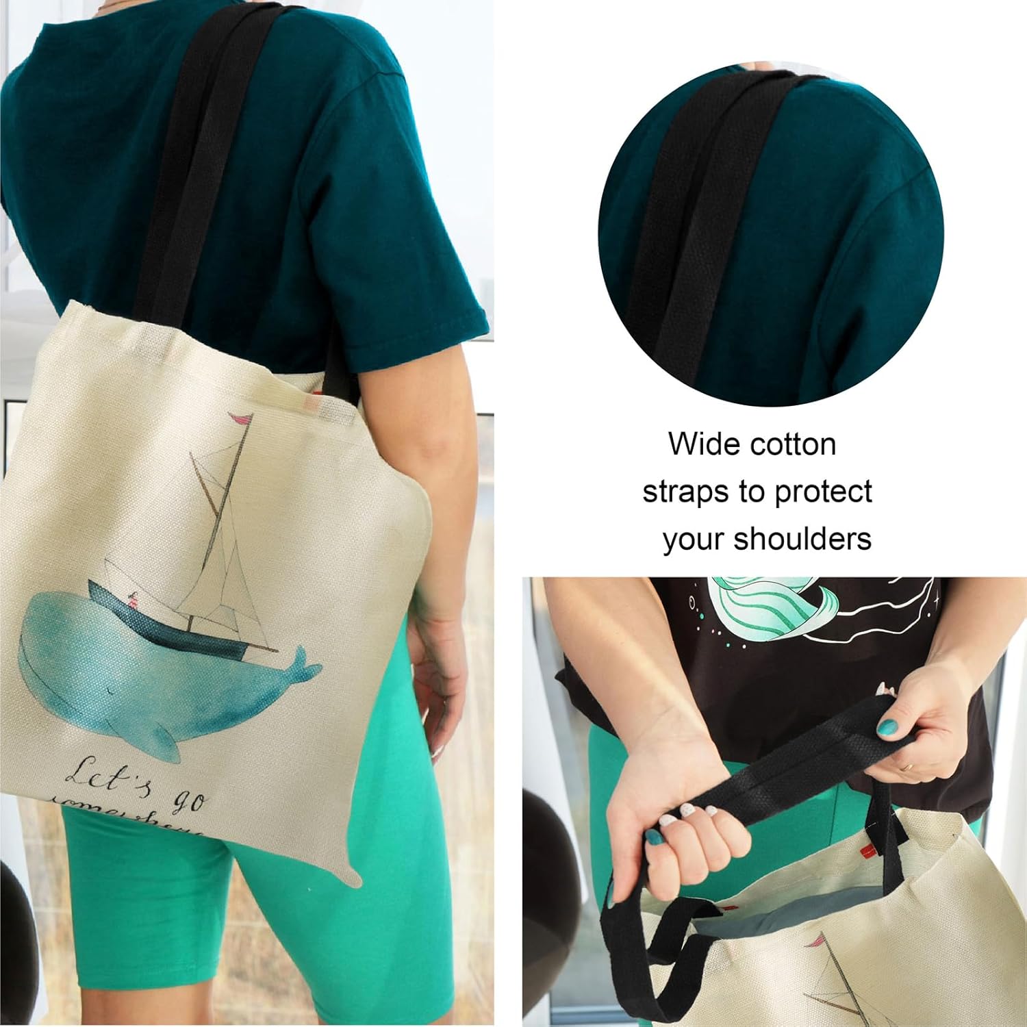 Bolsa de lona para mujer, con bonito estampado, reutilizable, de algodón, a la moda, escuela, compras, playa, comestibles