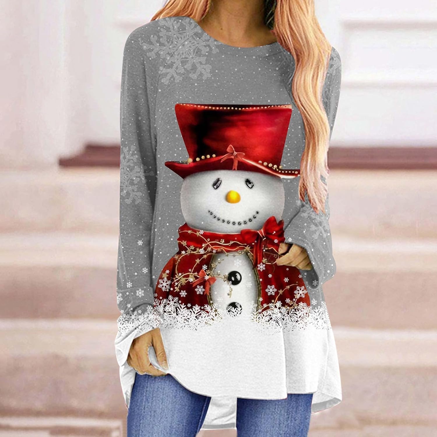 Blusa de manga larga con estampado de copo de nieve brillante para mujer, diseño de muñeco de nieve, para leggings, Gris