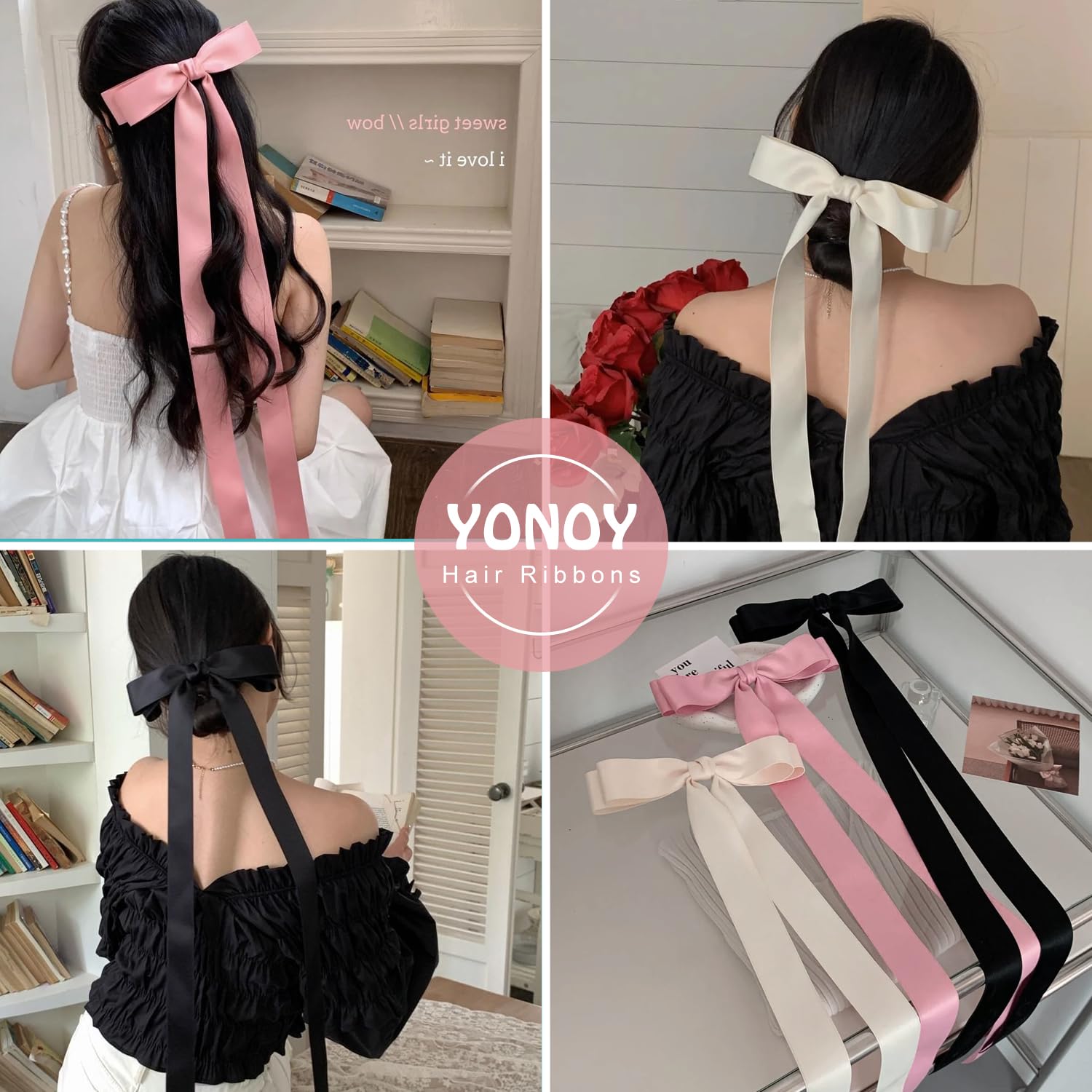 YONOY 6 lazos para el pelo para mujer, pinzas para el pelo, lazos de metal, pasador francés con cola ultra larga, cinta de satén, horquilla para