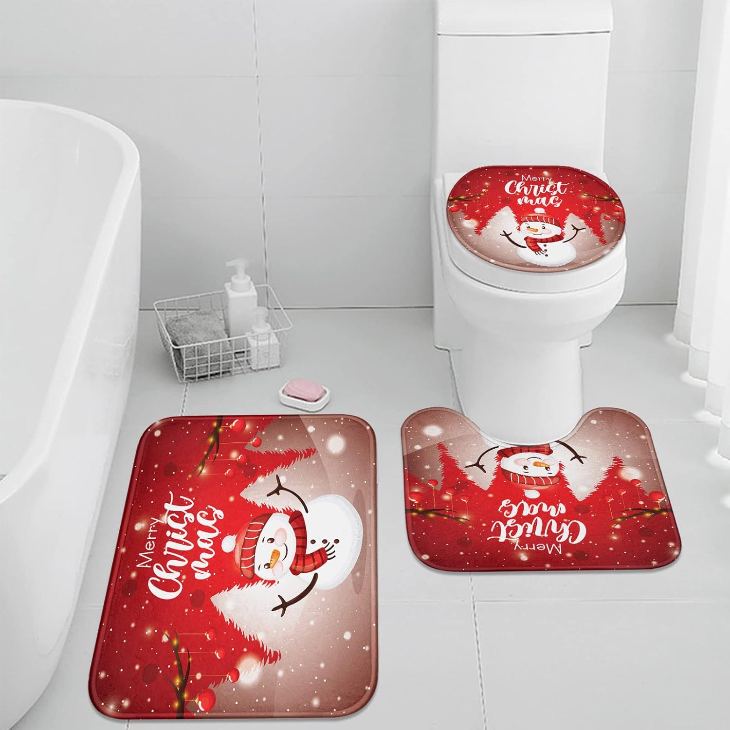 ArtSocket Juego de 3 alfombras y tapetes de baño de Navidad, antideslizantes, copos de nieve, árbol de invierno, absorbente de microfibra de espuma