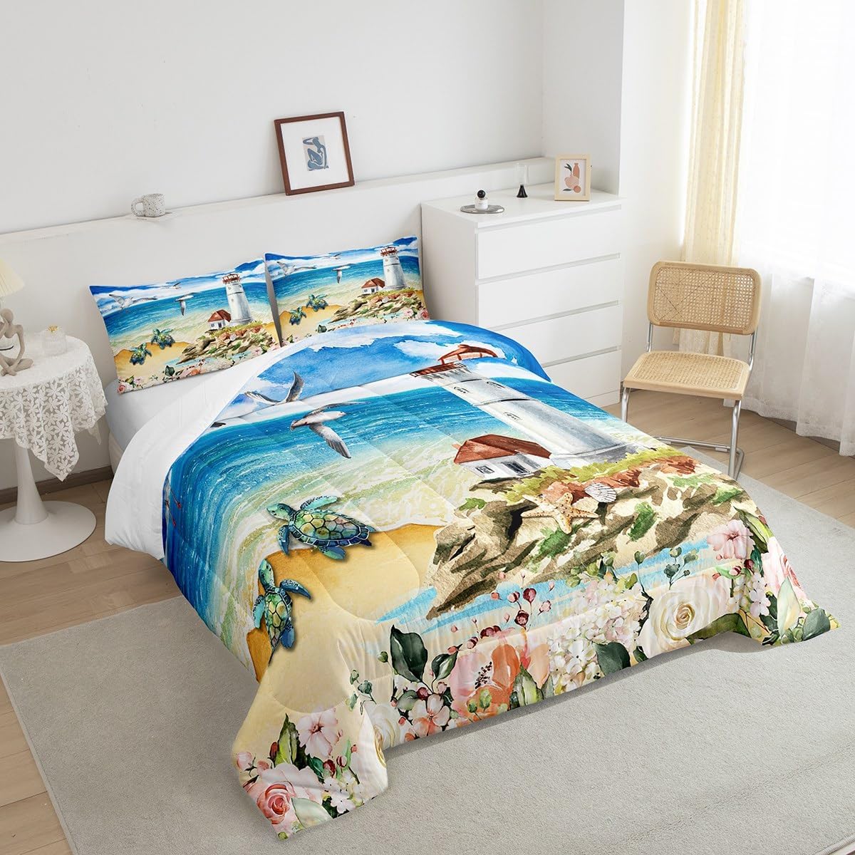 Juego de edredón con diseño de faro de mar, tamaño individual, juego de ropa de cama de animales de tortuga, pájaros, océano, azul, para niños y