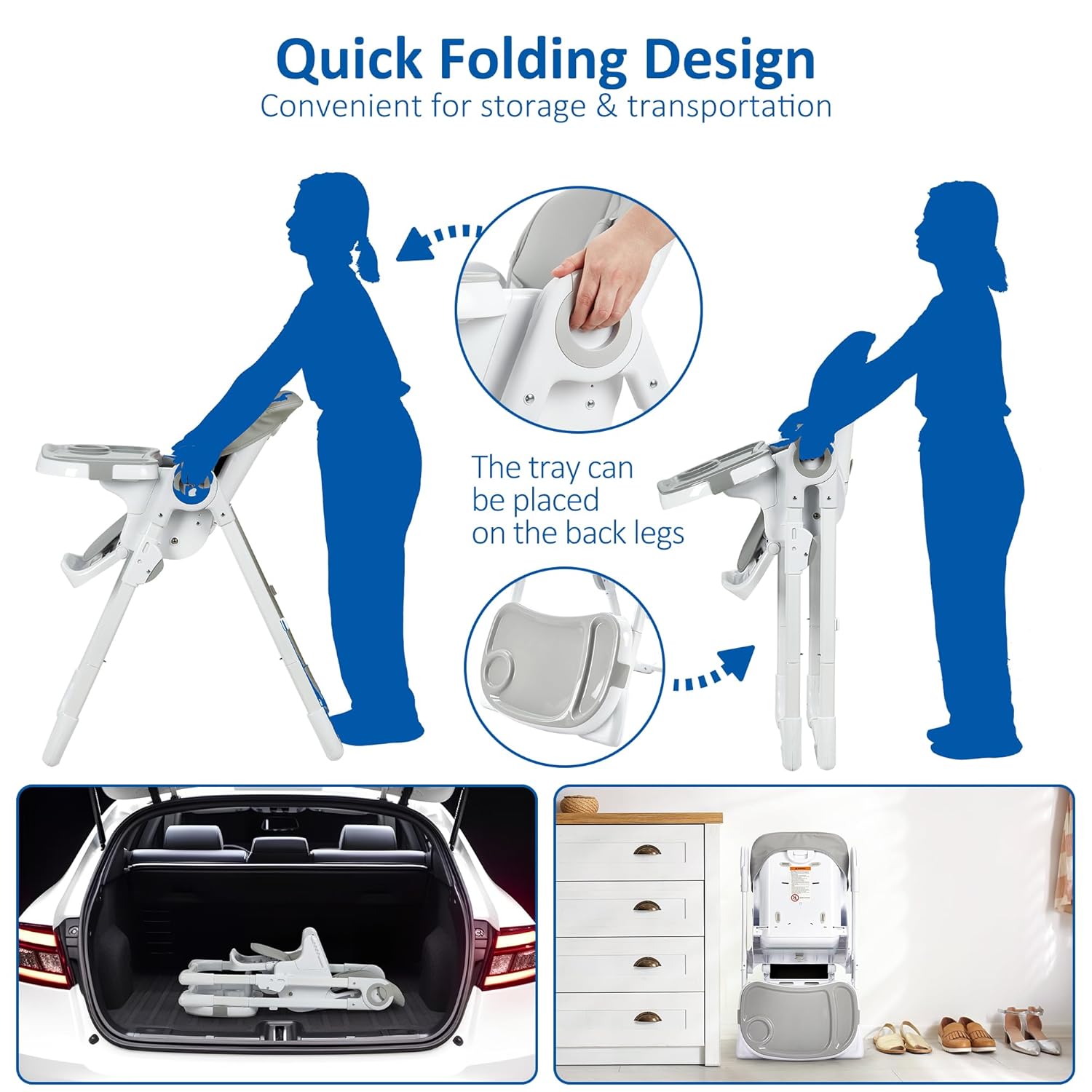 Babevy Sillas altas para bebé, multifuncionales para bebés con altura ajustable y reclinable, silla alta plegable para bebé con bandeja extraíble,