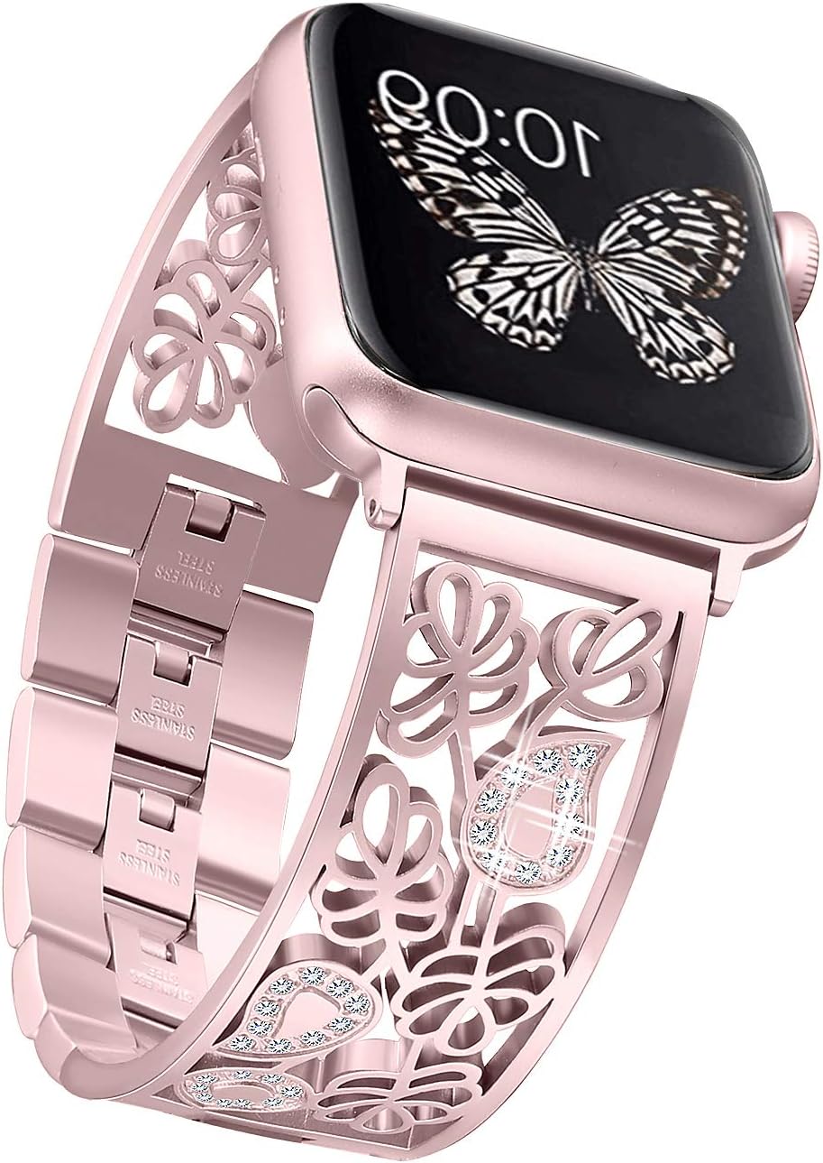 Secbolt Correas brillantes de flores talladas compatibles con Apple Watch Band 1.496 in 1.575 in 1.614 in 1.654 in 1.732 in 1.772 in iWatch Series