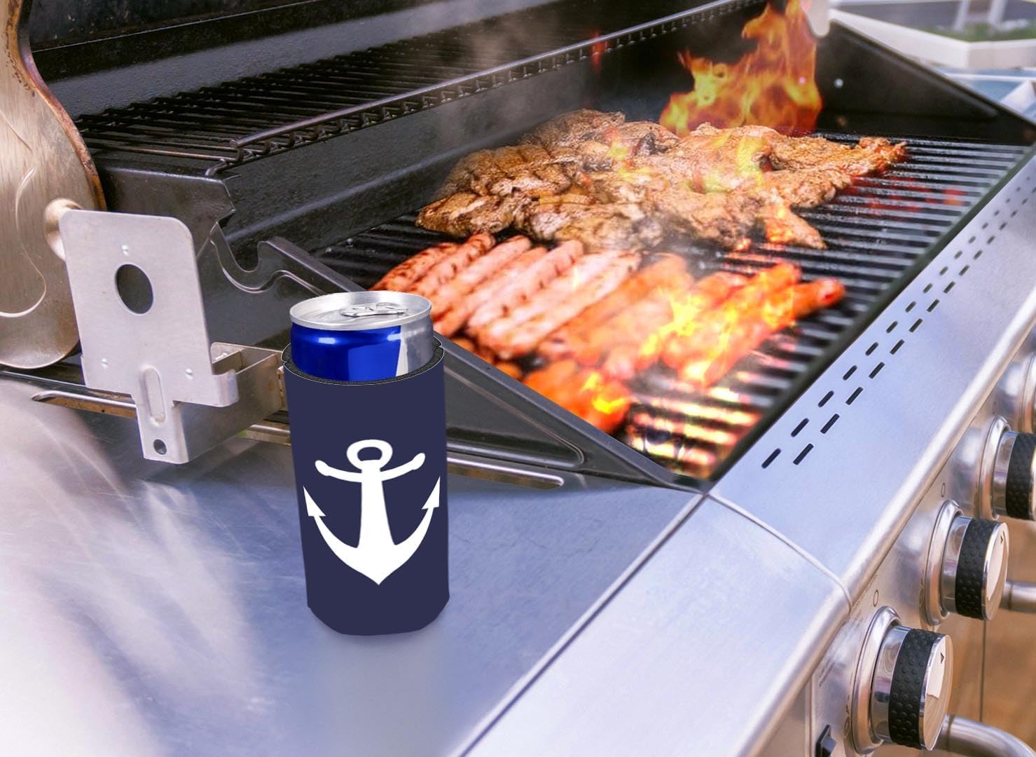Regalos de capitán de barco para hombre, diseño clásico de ancla náutica azul marino, paquete de 6 fundas ultradelgadas para beber latas