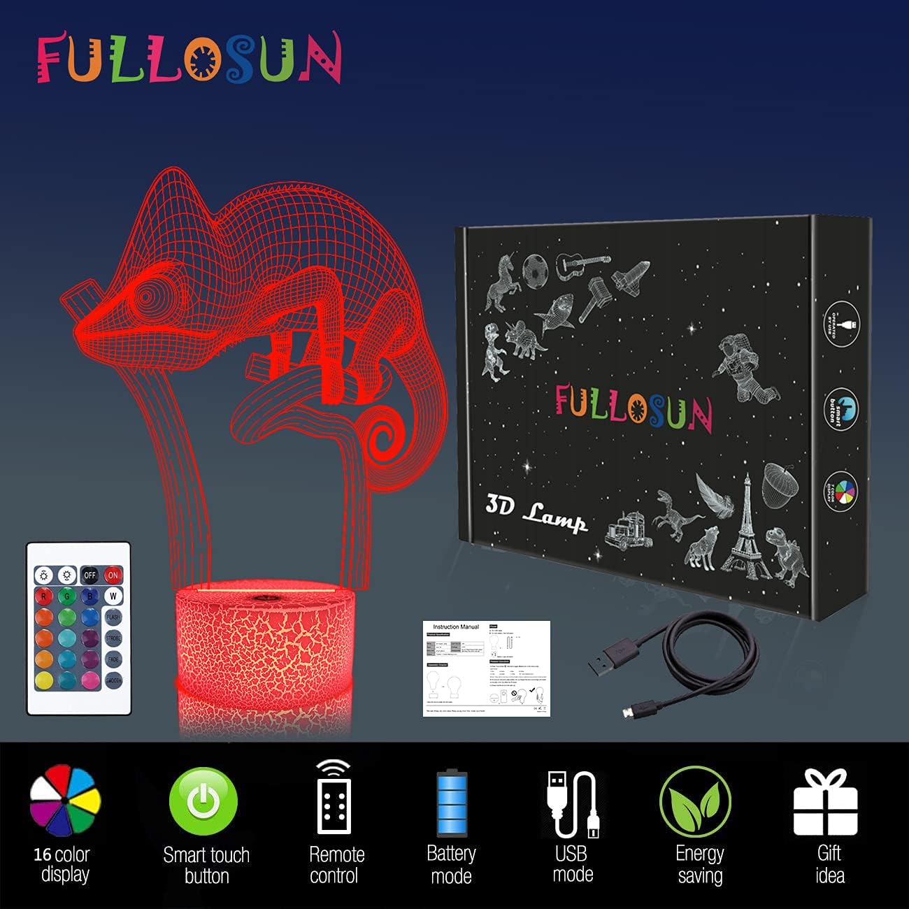 FULLOSUN Camaleón – Lámpara LED de proyección de lagarto 3D, luz nocturna para habitación de bebé, decoración del hogar, regalos de cumpleaños de