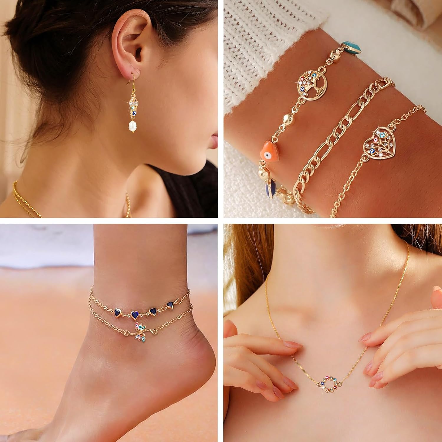 Craftdady 28 dijes esmaltados para el mal de ojo, diamantes de imitación de cristal con forma de corazón de árbol de corazón plano y redondo, dijes