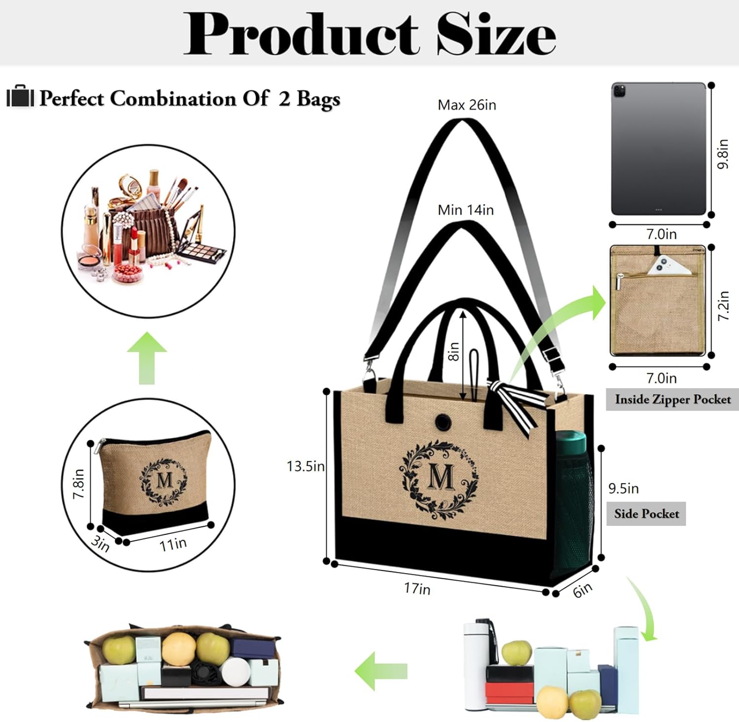 Regalos de cumpleaños para mujer  Bolsas de mano con inicial de yute y maquillaje con correa ajustable, bolsas de mano con monograma bordado