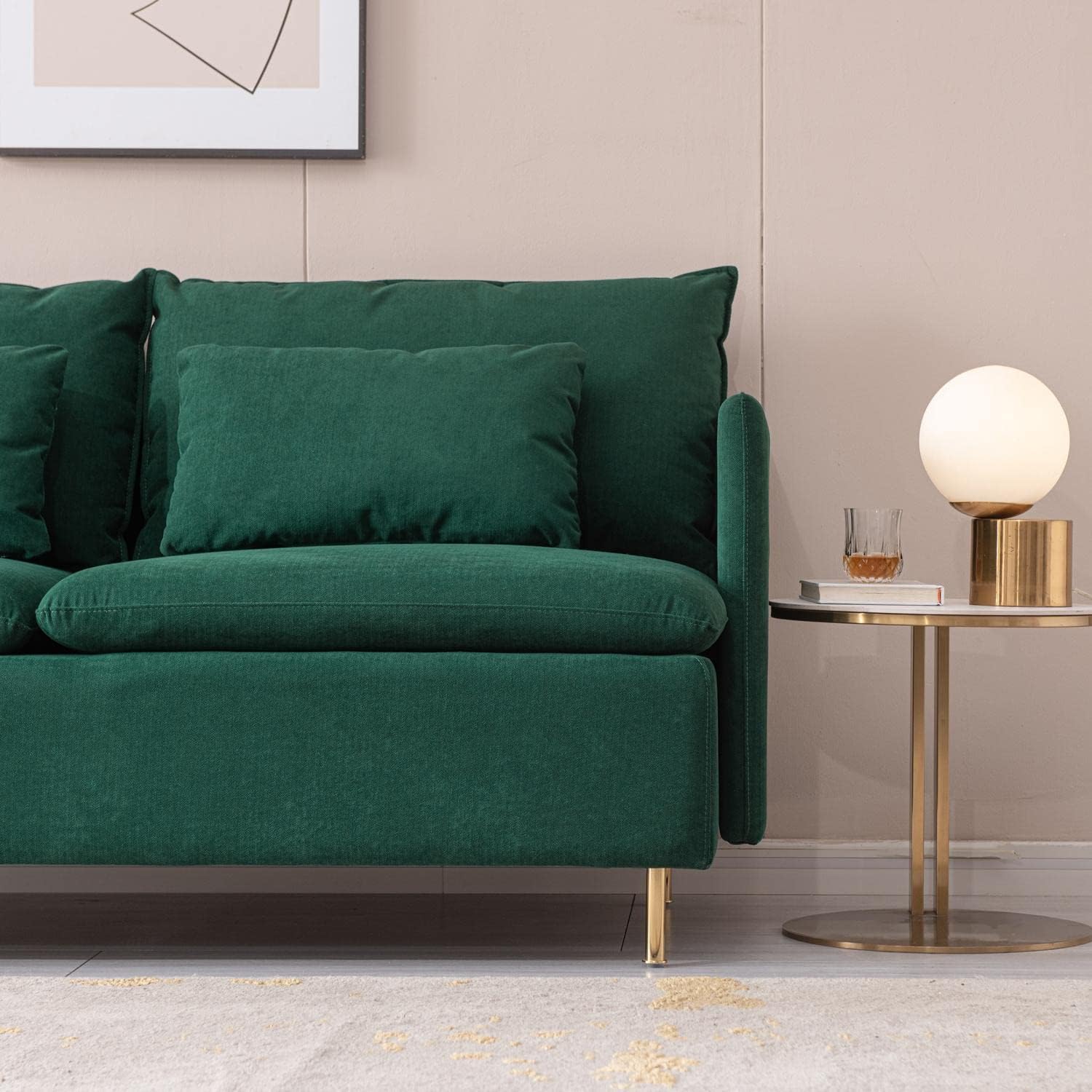 Seegool Mid-Century – Sofá biplaza de 2 asientos, muebles de tela de lino de algodón y patas de metal dorado, sofá pequeño para sala de estar,