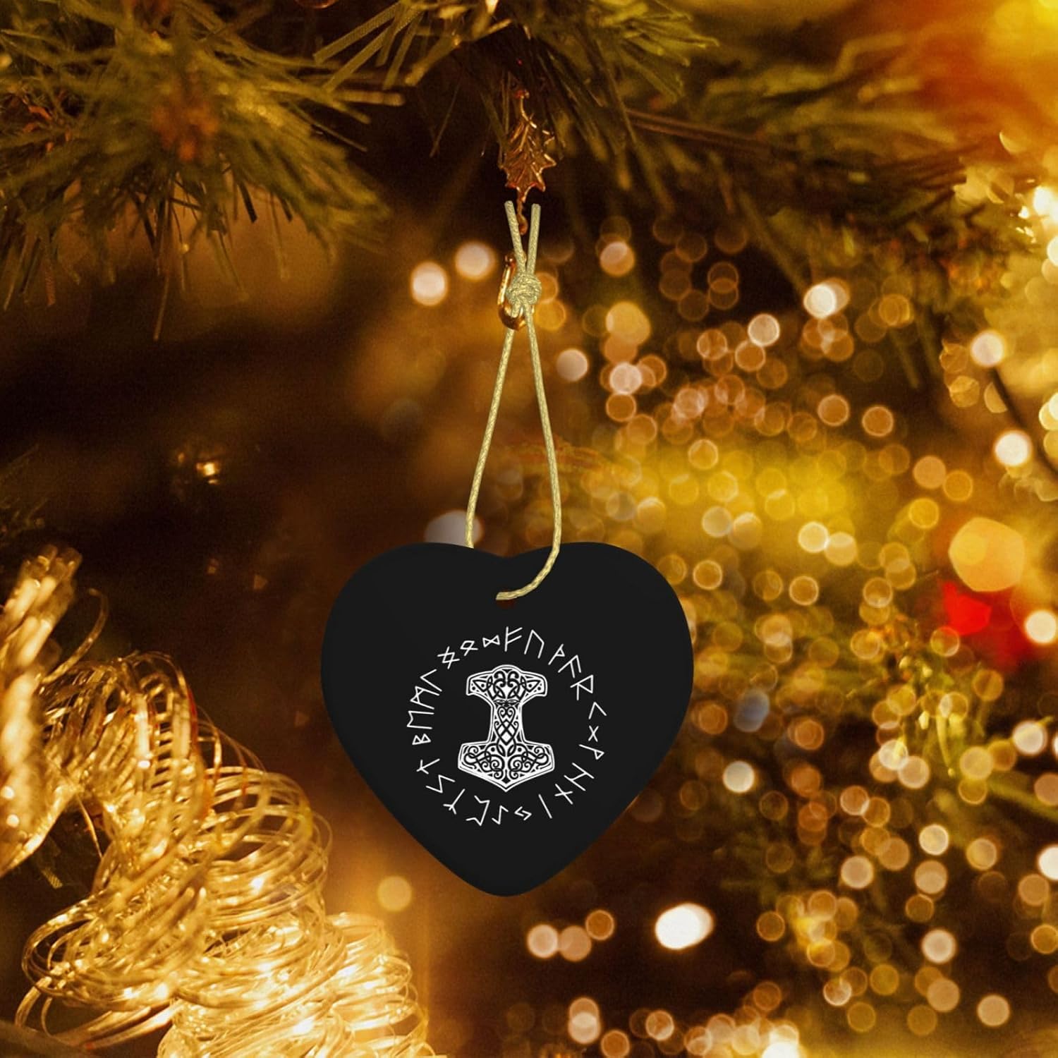 Vikings Mjolnir and Rune Wheel Norse Mythology Symbol Christmas Ornaments, Ceremic Ornaments Heart Shaped Porcelain Ornament Christmas Tree Home