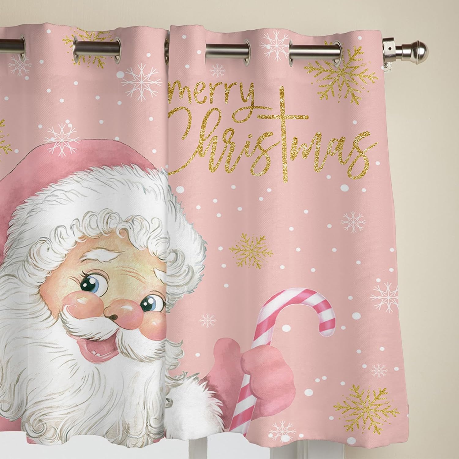 Libaoge Juego de 2 paneles de cortinas de Navidad rosas para sala de estar, bonitas cortinas de ventana de Papá Noel rosa, cortinas de copo de nieve