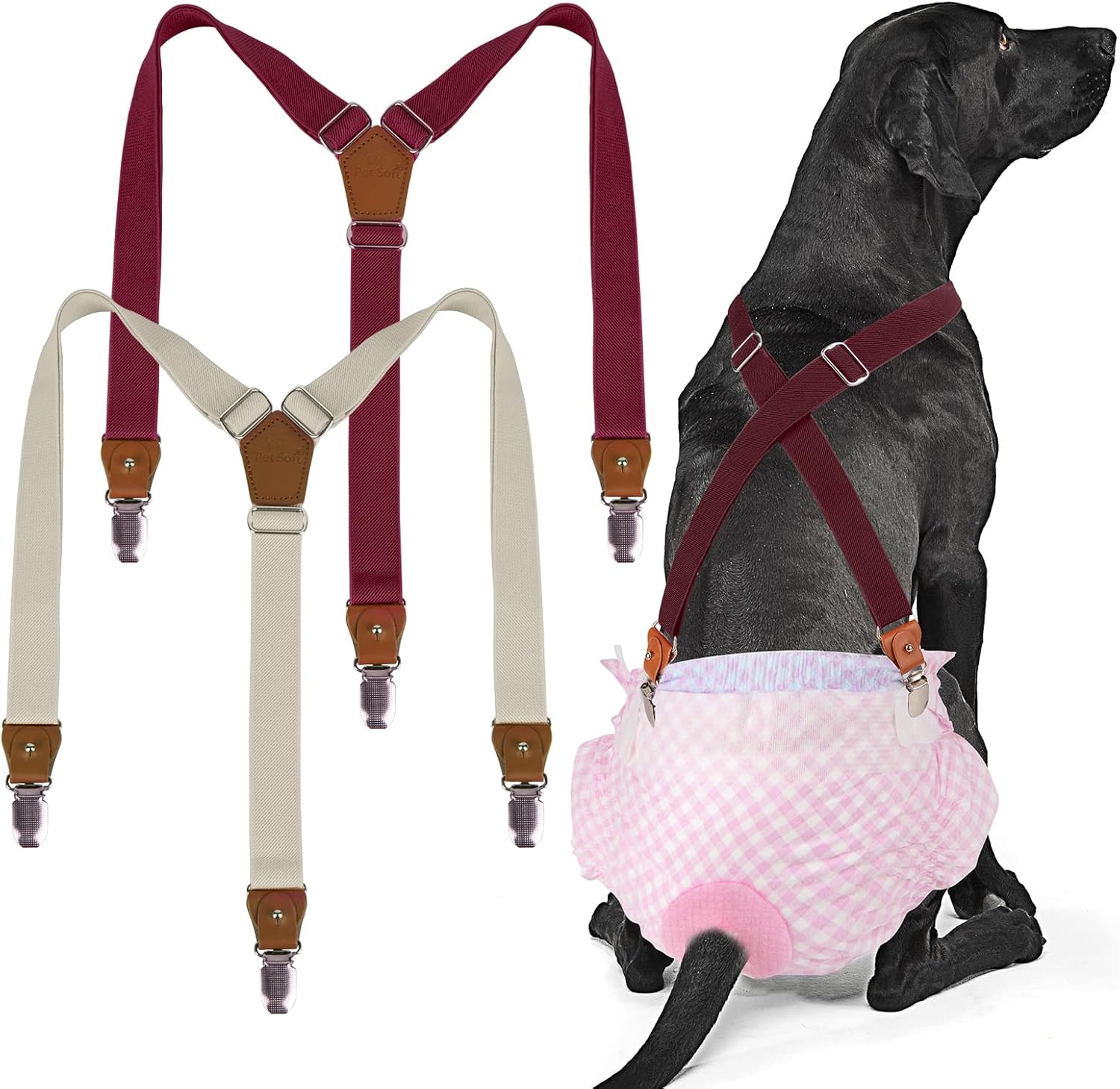 Pet Soft Tirantes para perro, 2 piezas de tirantes de pañales para perras, para falda de perro, vestido para perro (color marrón y borgoña, ML)