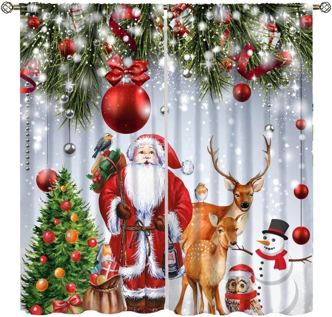 Cortinas de Navidad lindas de Papá Noel, muñeco de nieve, árbol de Navidad, copo de nieve, vacaciones de invierno, feliz año nuevo, patrón impreso,