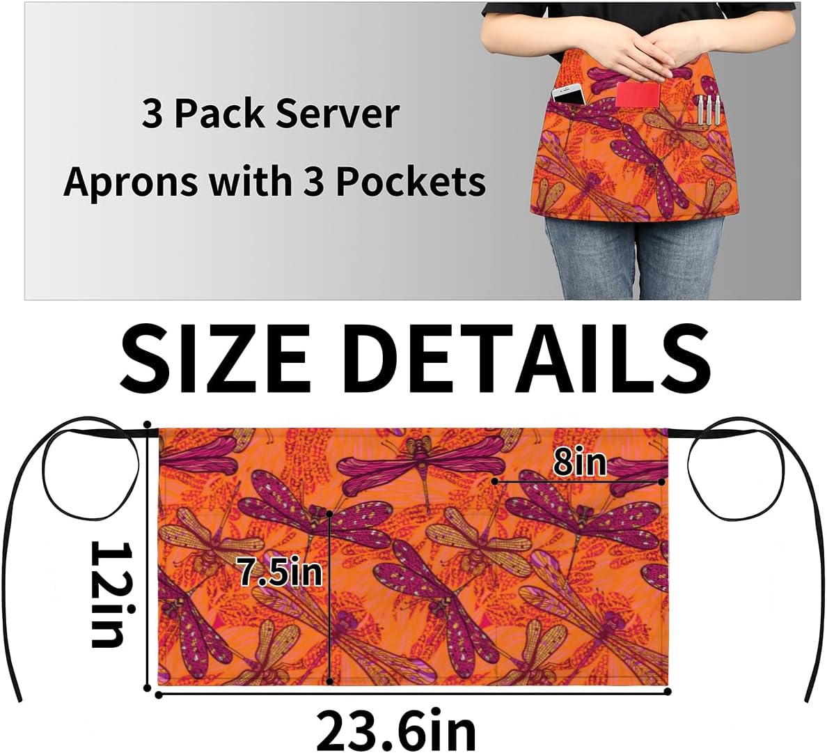 bisibuy 3 Pocket Waist Apron, Pack of 3, Dragonfly Bird Server Short Apron for Men Women, Kitchen, Restaurant, Cafe Delantales De Mesera Para Mujer