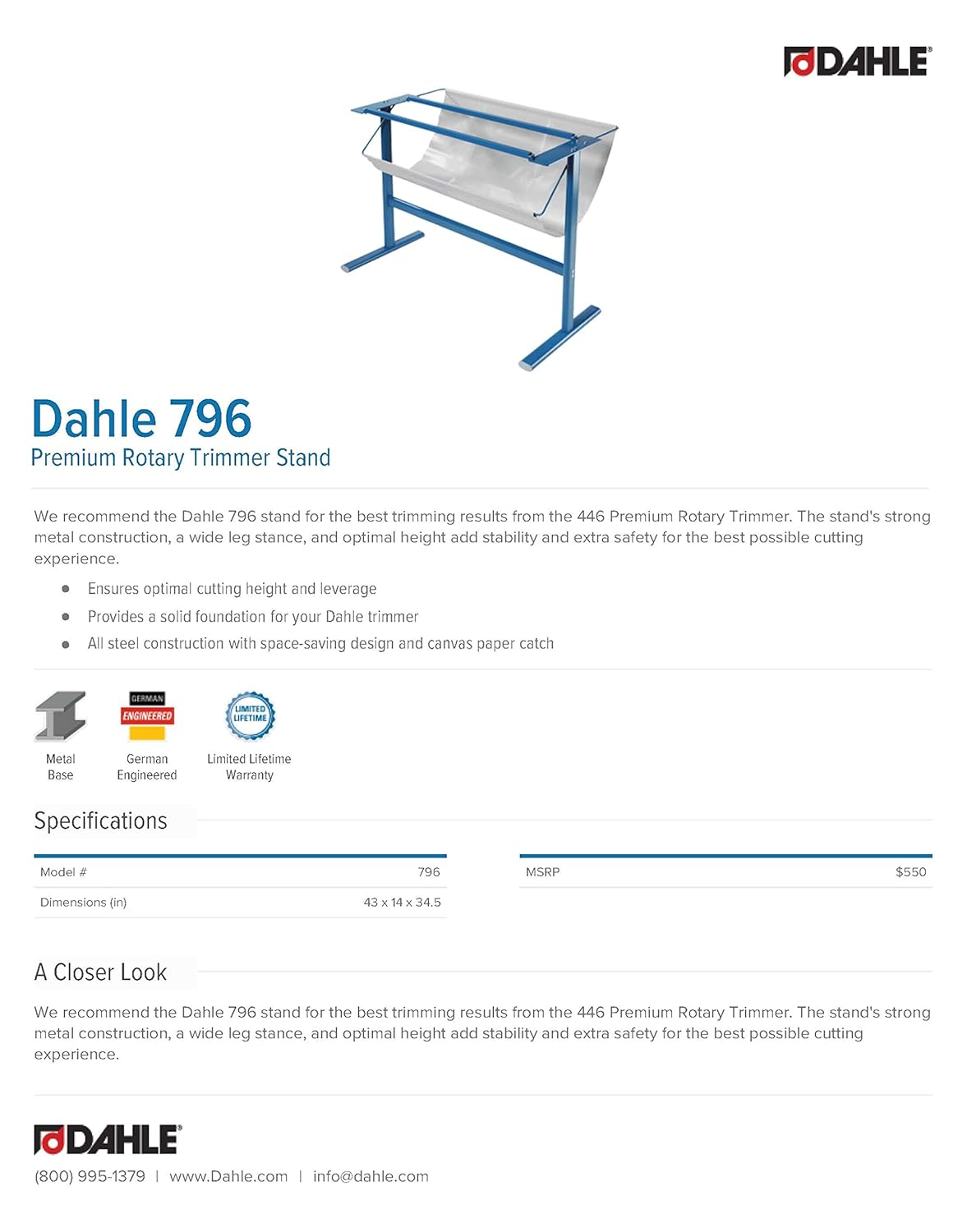 Dahle Soporte para recortadora 796 con cierre de papel, garantiza una altura óptima, ingeniería alemana, acero, para recortadora giratoria Dahle 446