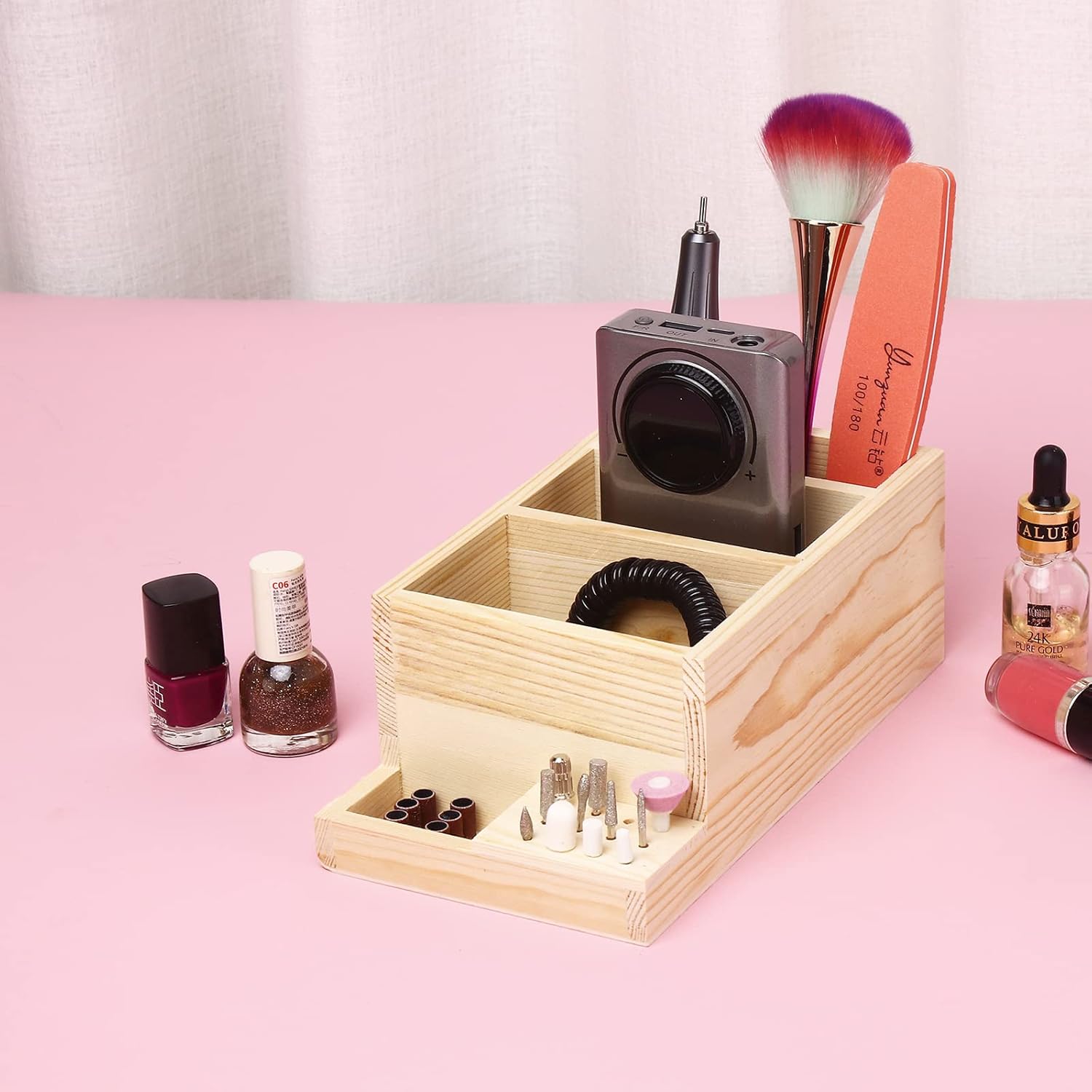 Máquina de taladro de uñas de madera y caja de almacenamiento de brocas (grande), organizador ecológico duradero para herramientas de manicura,