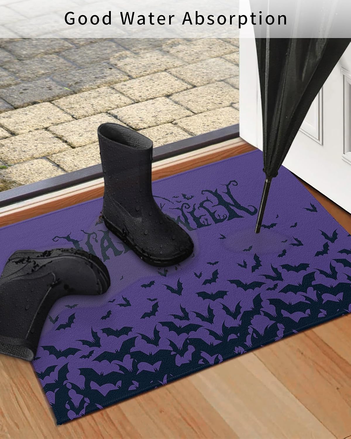 Tapete para puerta delantera, antideslizante, absorbente, para entrada, para interiores y exteriores, tapete pequeño, color morado, para Halloween,