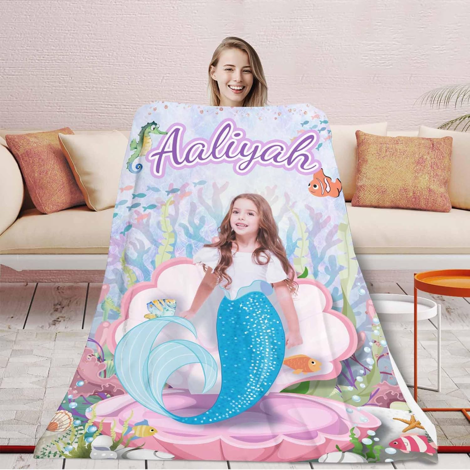 Artsadd Manta de sirena con foto de nombre, regalos personalizados de sirena para niñas, manta de sirena personalizada, regalos para niños y niñas,